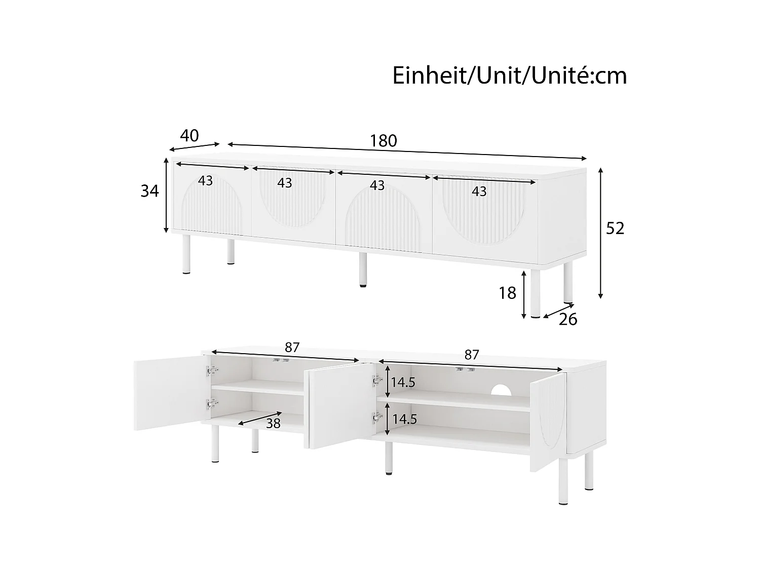 Meuble TV 4 portes - Meuble TV 5 pieds avec passe-câbles - blanc - pour salon