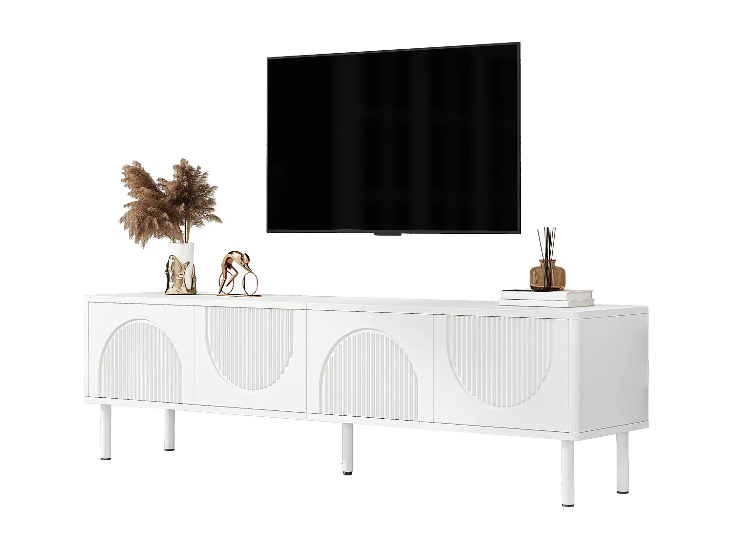 Meuble TV 4 portes - Meuble TV 5 pieds avec passe-câbles - blanc - pour salon