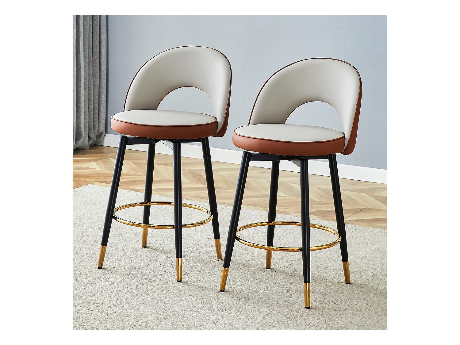 Lot de 2 tabourets de bar - Tabouret de bar pivotant avec dossier et repose-pieds en métal - gris clair et marron PU - pour salles à manger et terrasses
