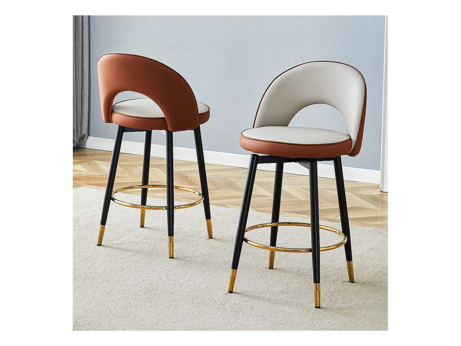 Lot de 2 tabourets de bar - Tabouret de bar pivotant avec dossier et repose-pieds en métal - gris clair et marron PU - pour salles à manger et terrasses