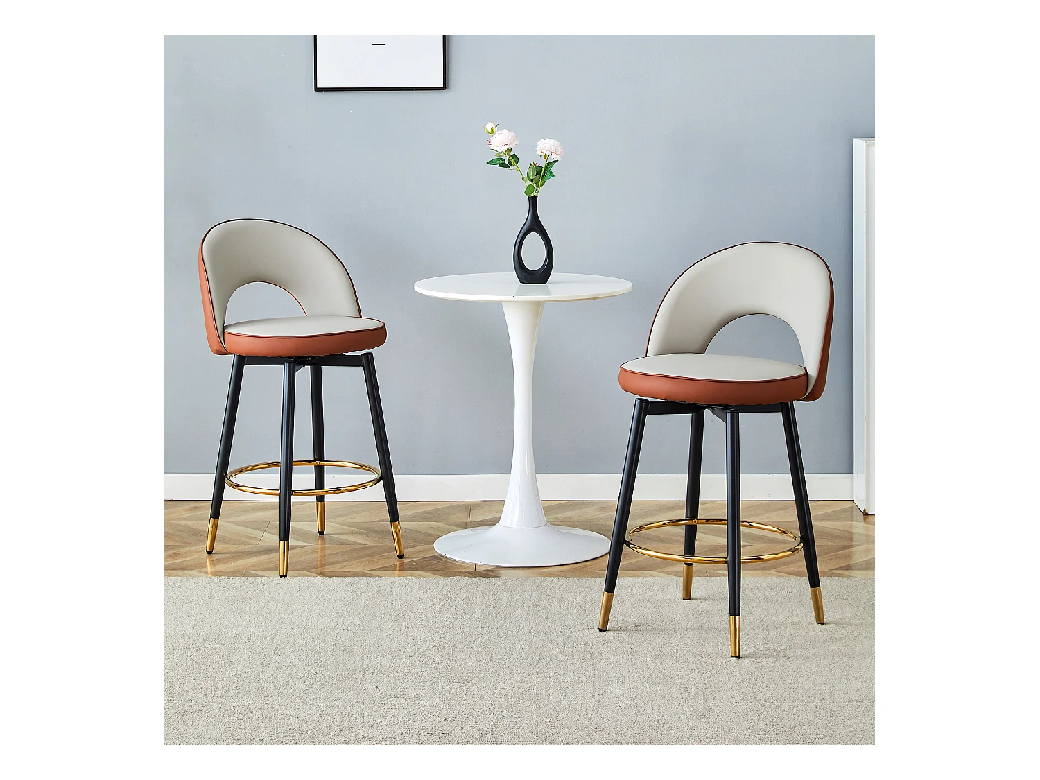 Lot de 2 tabourets de bar - Tabouret de bar pivotant avec dossier et repose-pieds en métal - gris clair et marron PU - pour salles à manger et terrasses