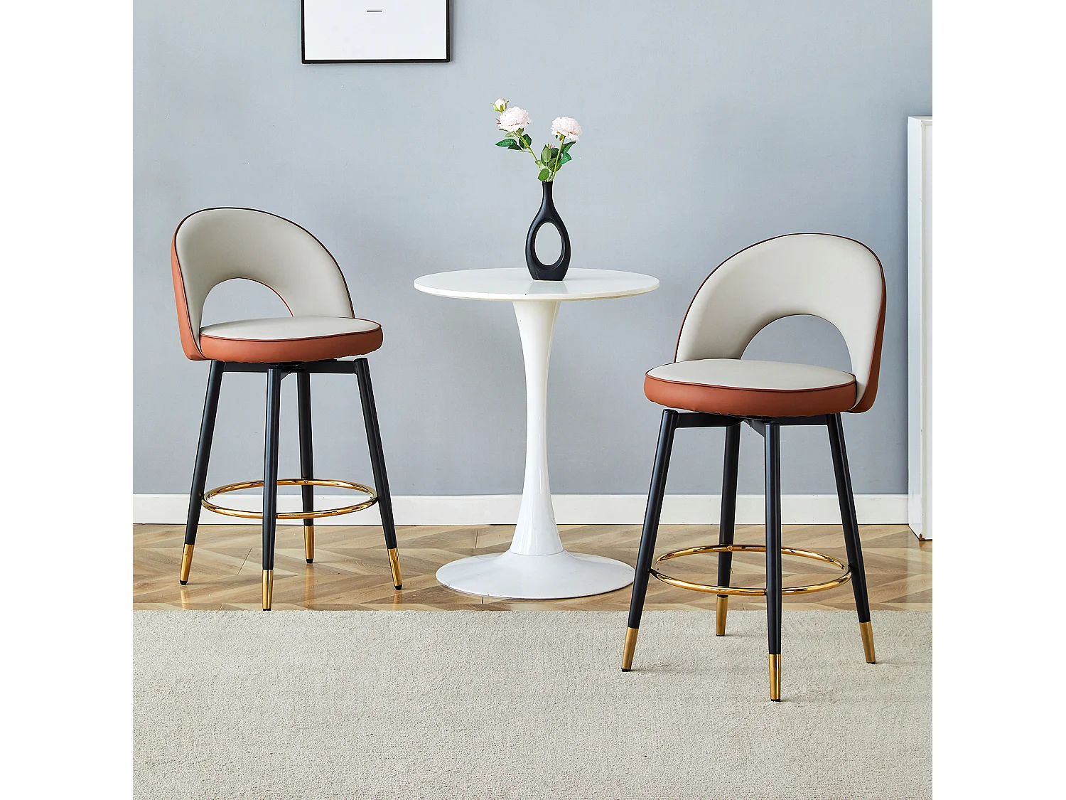 Lot de 2 tabourets de bar - Tabouret de bar pivotant avec dossier et repose-pieds en métal - gris clair et marron PU - pour salles à manger et terrasses