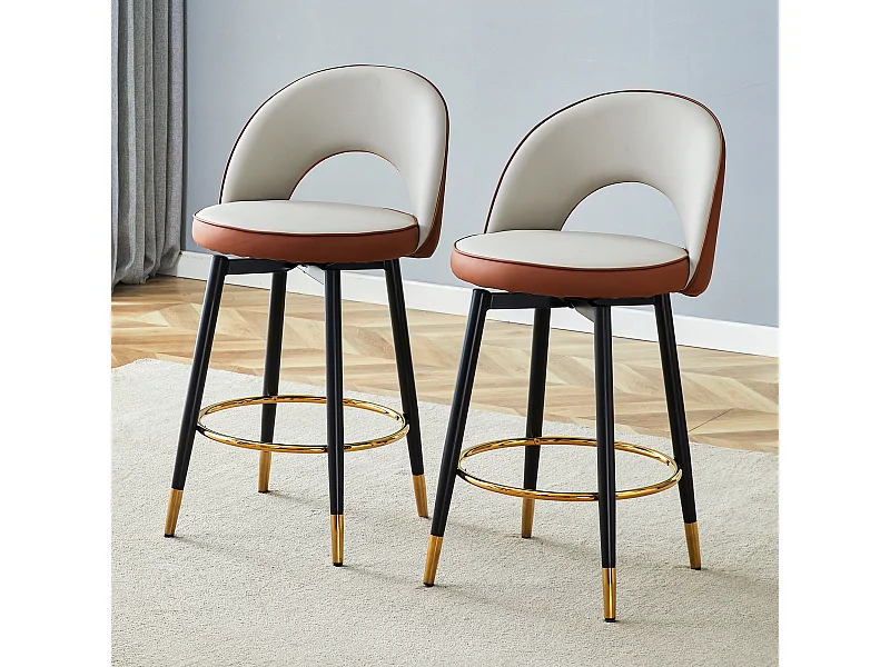 Lot de 2 tabourets de bar - Tabouret de bar pivotant avec dossier et repose-pieds en métal - gris clair et marron PU - pour salles à manger et terrasses