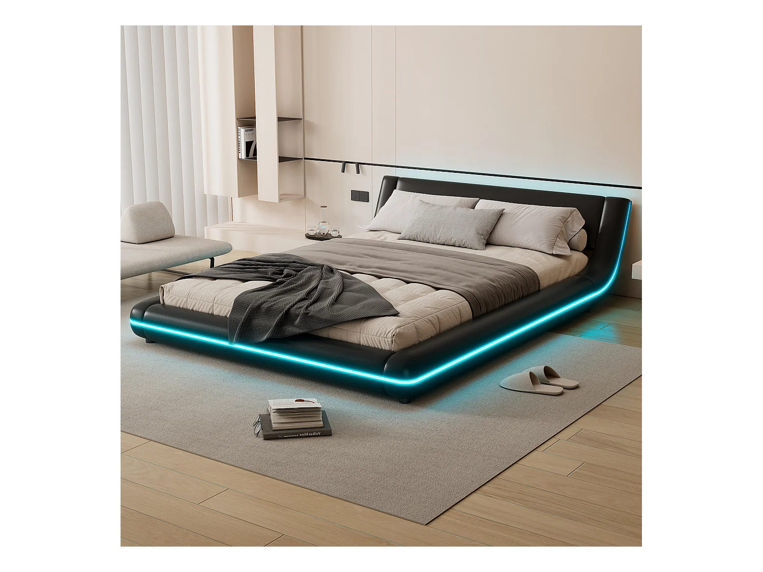 Lit adulte 140 x 200 cm - Lit double avec éclairage LED et télécommande 24 boutons - PU noir - sans matelas