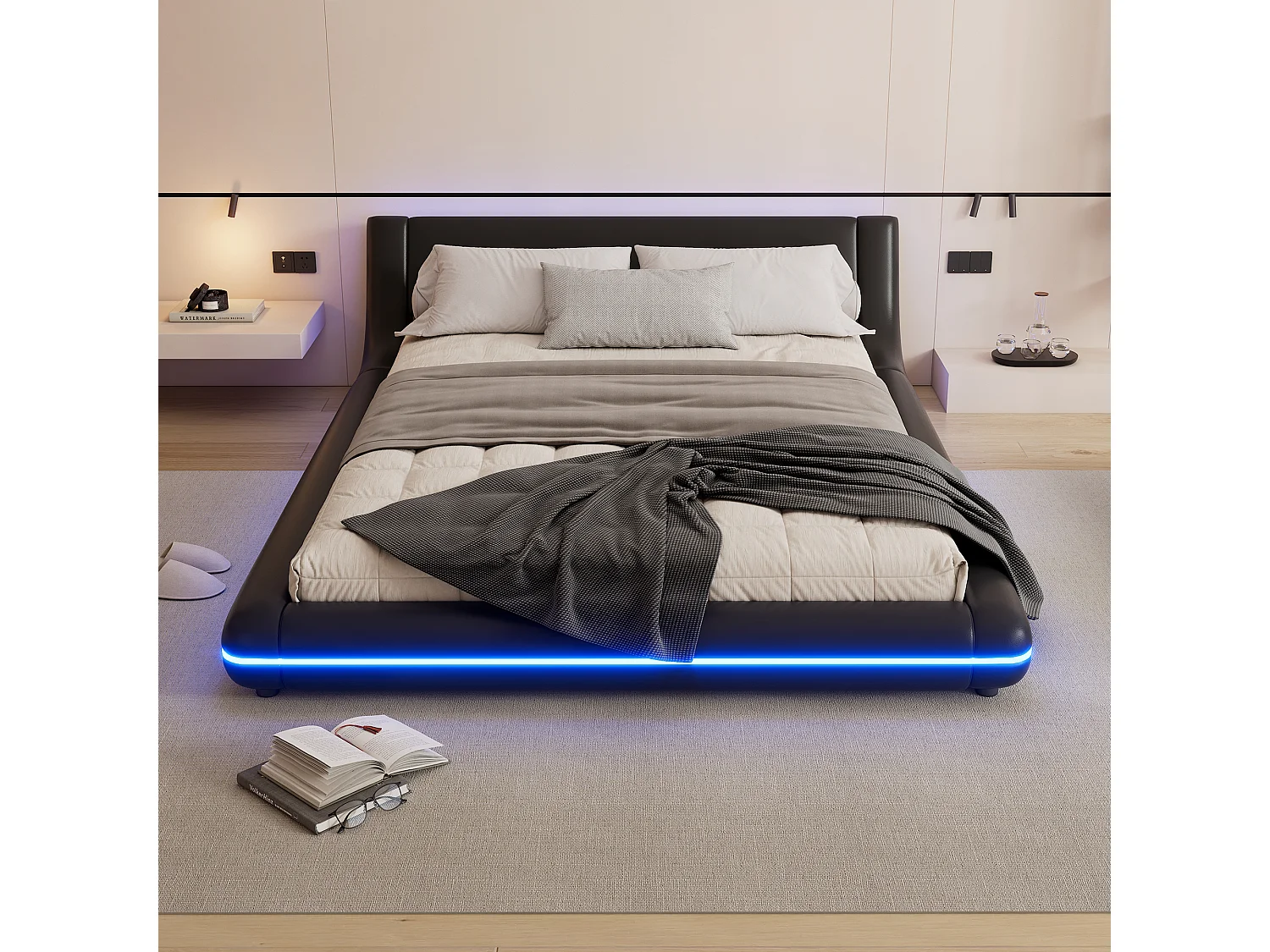 Erwachsenenbett 140 x 200 cm – Doppelbett mit LED-Beleuchtung und 24-Tasten-Fernbedienung – Schwarzes PU – ohne Matratze