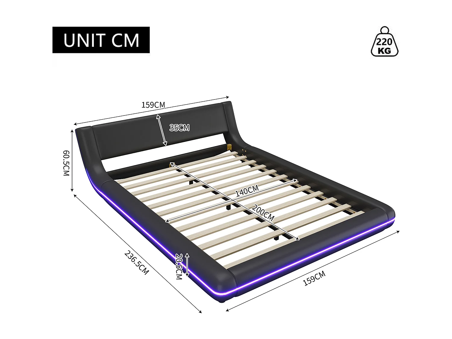 Erwachsenenbett 140 x 200 cm – Doppelbett mit LED-Beleuchtung und 24-Tasten-Fernbedienung – Schwarzes PU – ohne Matratze