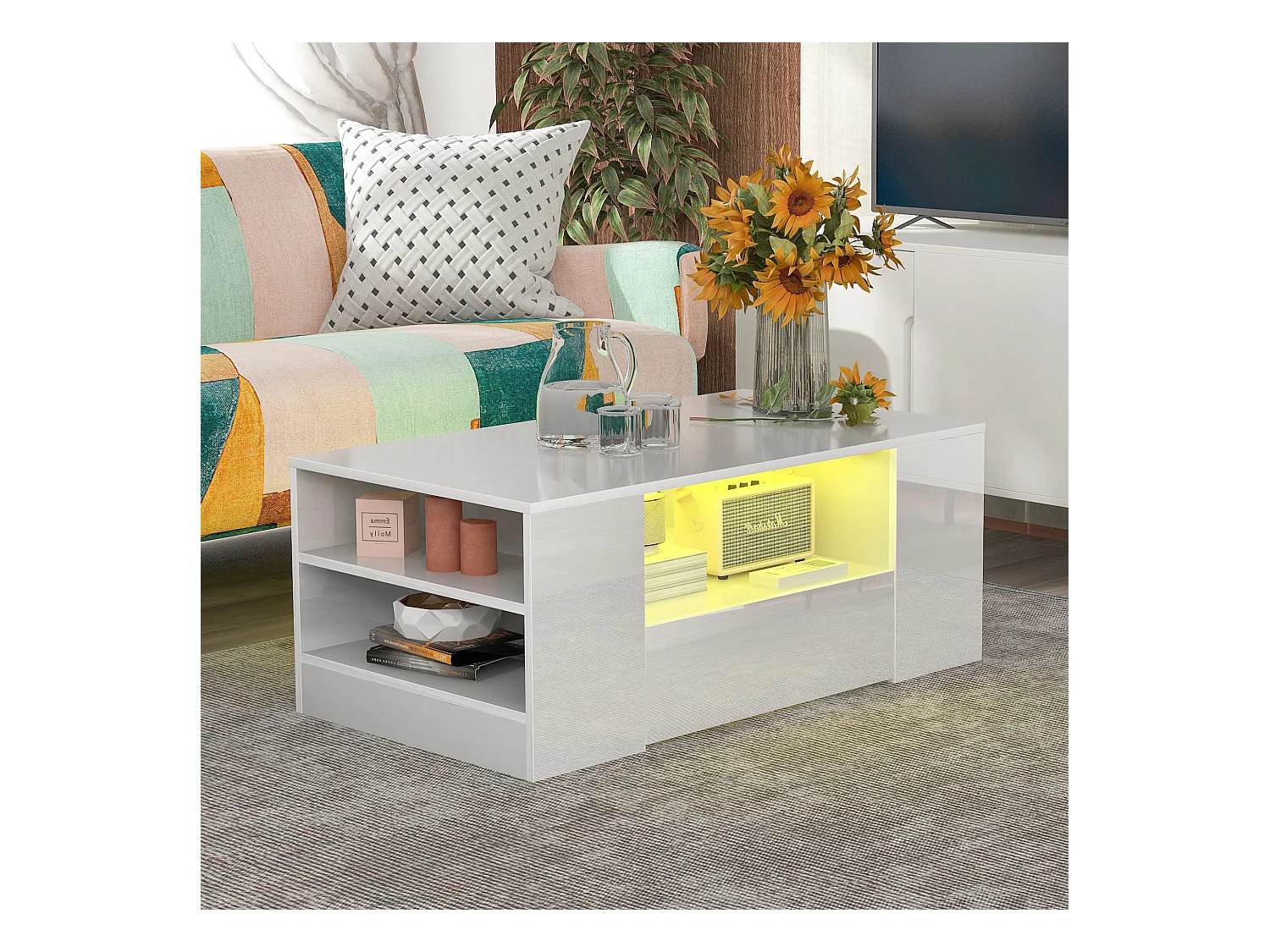 Table basse avec 2 tiroirs - Table basse brillante avec 2 étagères et lumières LED - blanc - pour le salon