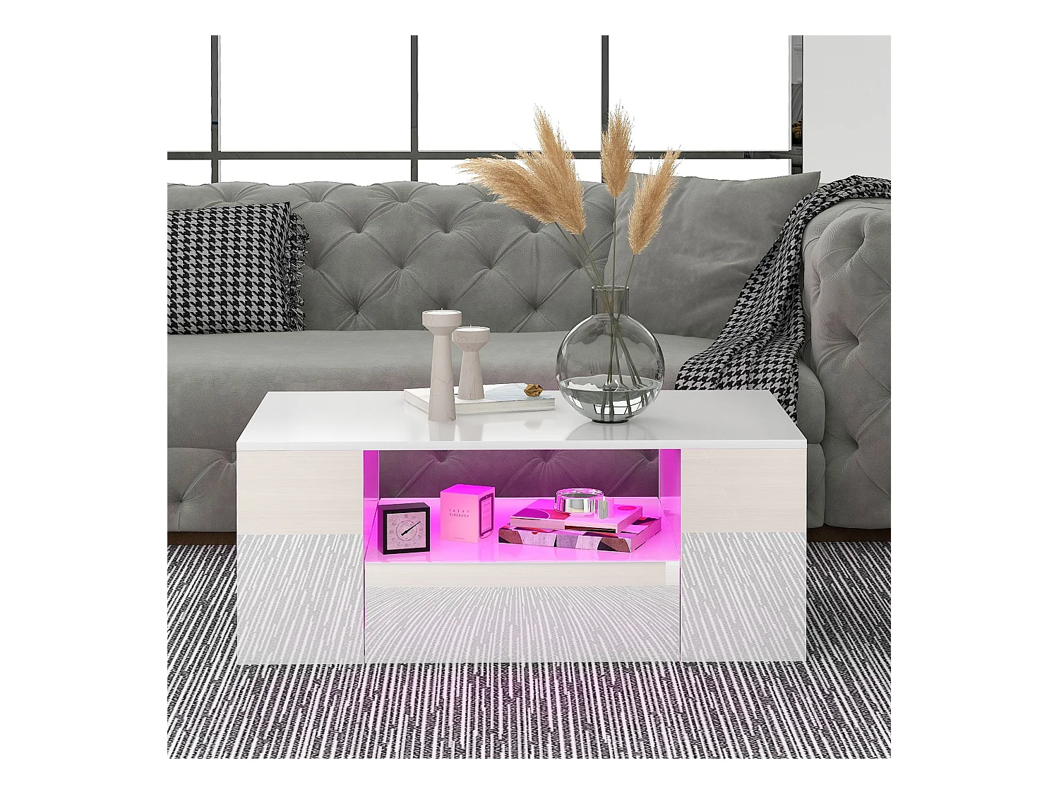 Table basse avec 2 tiroirs - Table basse brillante avec 2 étagères et lumières LED - blanc - pour le salon