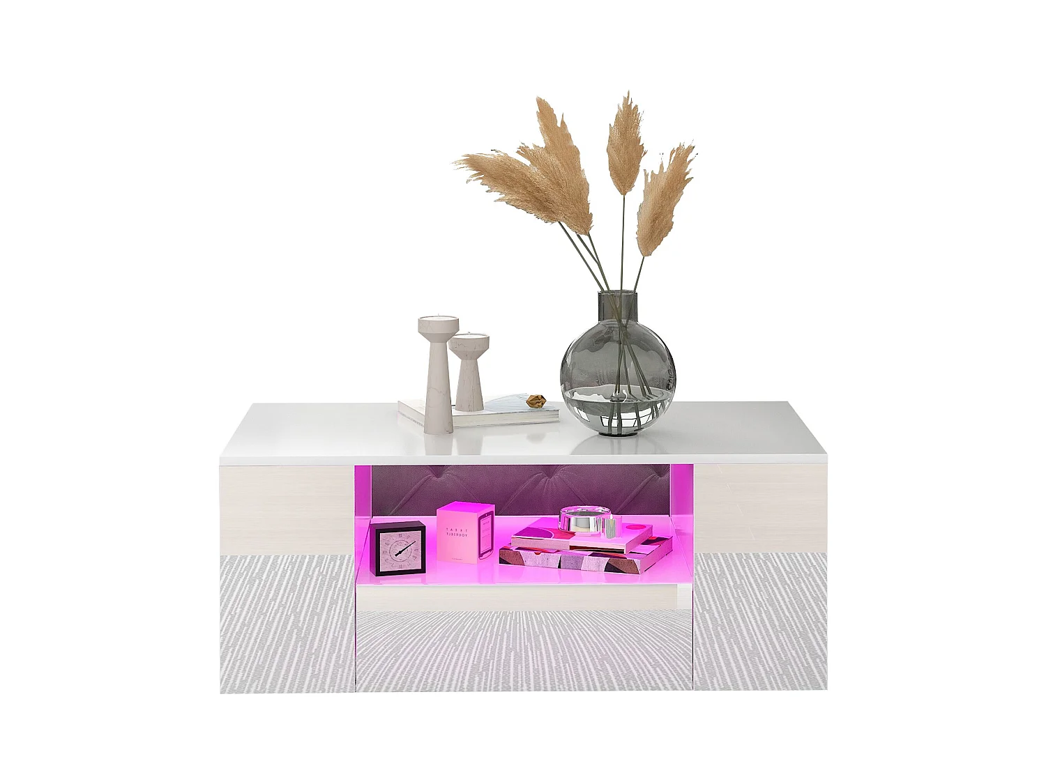 Table basse avec 2 tiroirs - Table basse brillante avec 2 étagères et lumières LED - blanc - pour le salon
