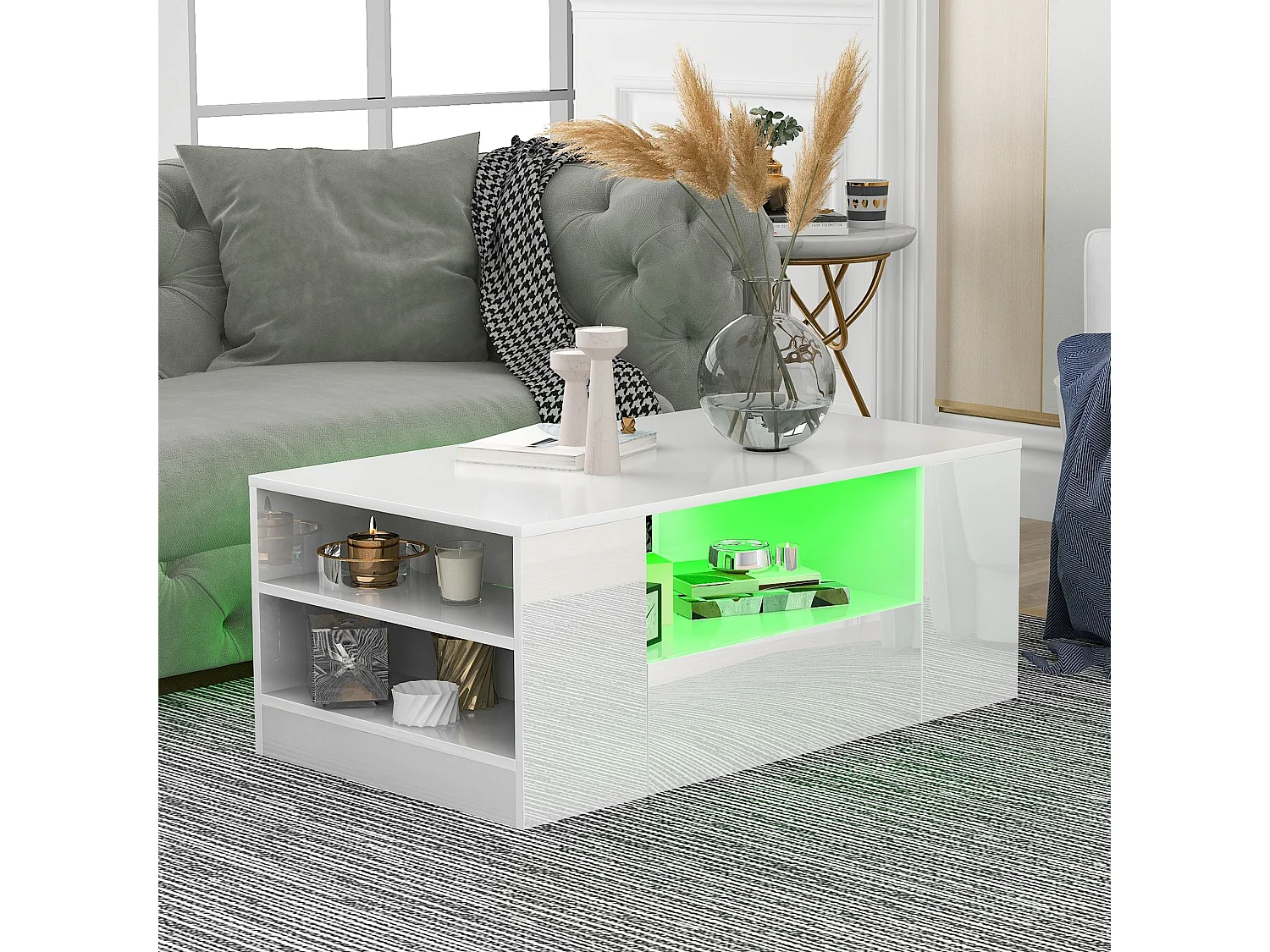Table basse avec 2 tiroirs - Table basse brillante avec 2 étagères et lumières LED - blanc - pour le salon