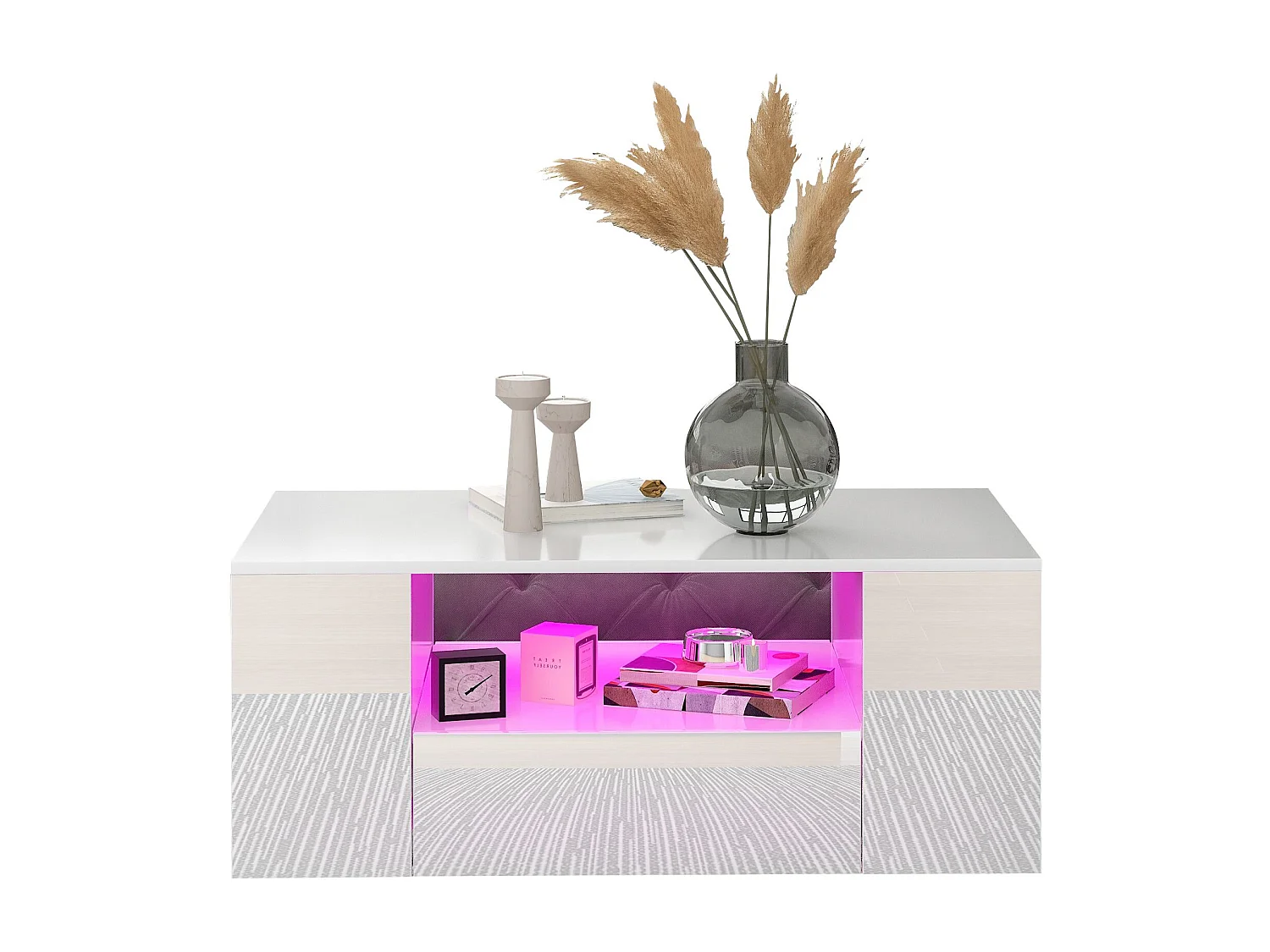 Table basse avec 2 tiroirs - Table basse brillante avec 2 étagères et lumières LED - blanc - pour le salon