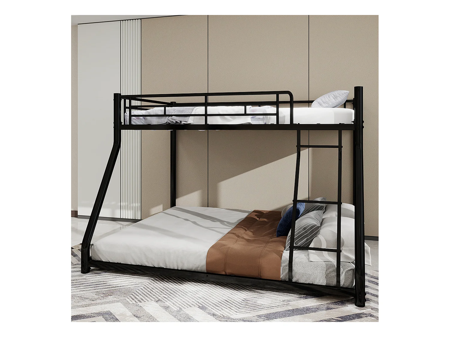 Łóżko piętrowe 90 x 190 cm i 140 x 190 cm - łóżko dziecięce z drabinką i barierkami - czarny metal - bez materaca