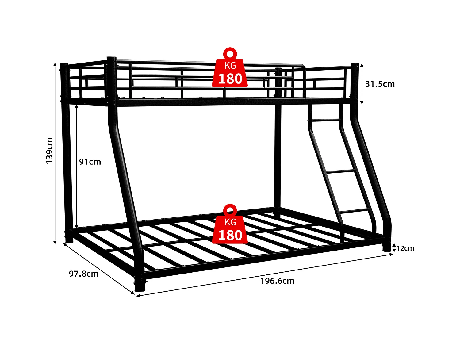 Łóżko piętrowe 90 x 190 cm i 140 x 190 cm - łóżko dziecięce z drabinką i barierkami - czarny metal - bez materaca