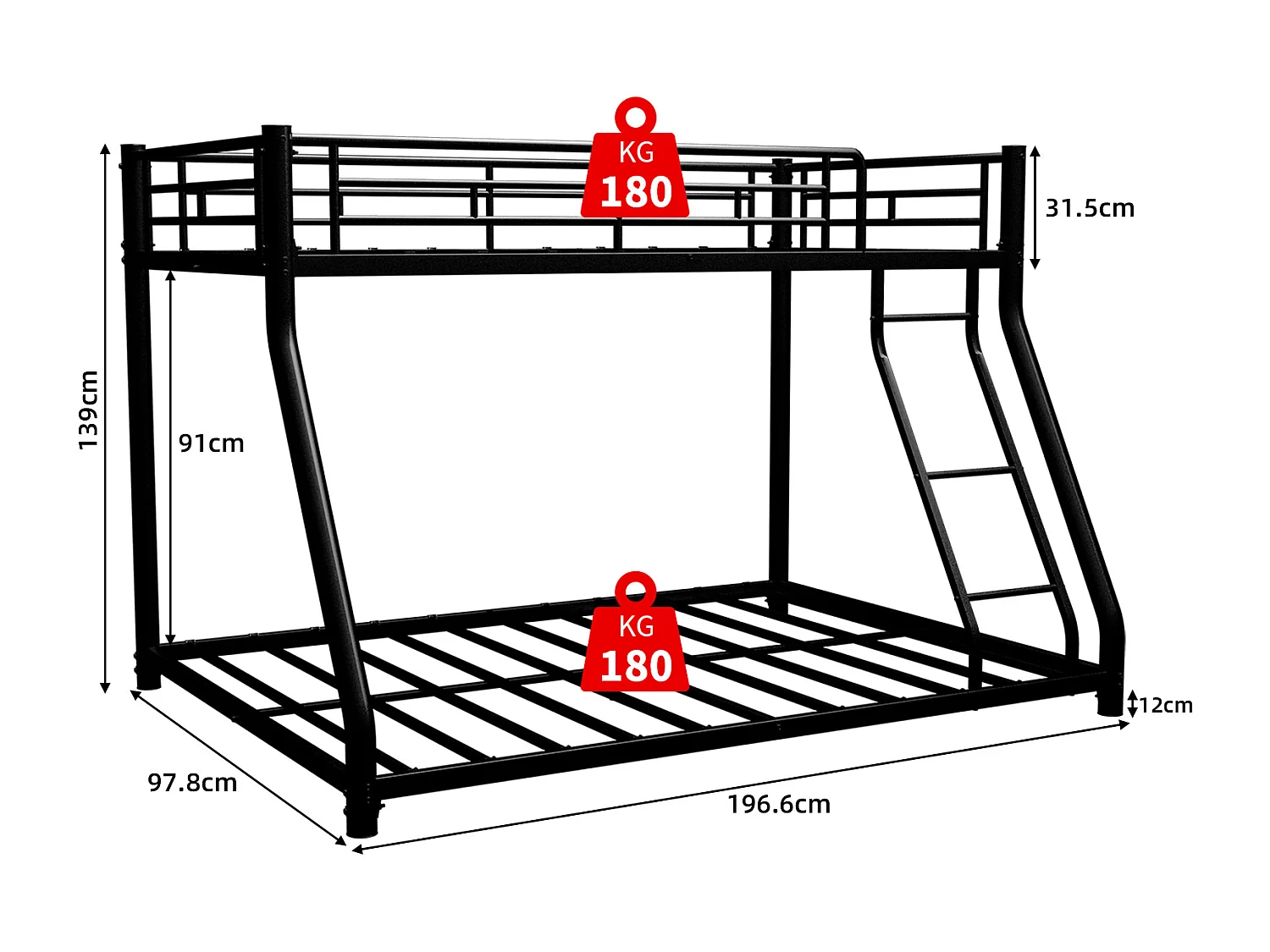 Etagenbett 90/140 x 190 cm - Kinderbett mit Leiter und Absturzsicherung - Metall schwarz - ohne Matratze