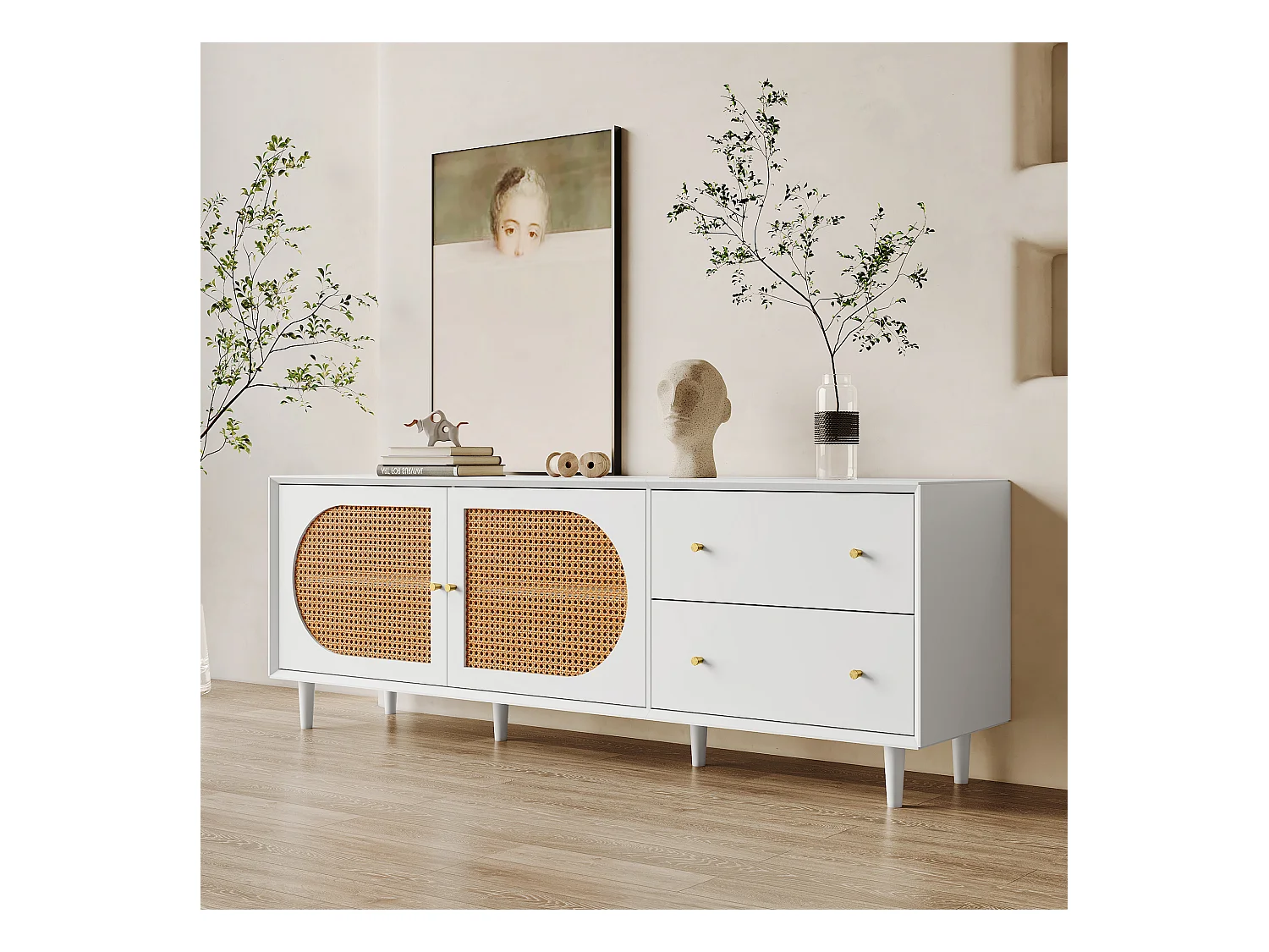 Meuble TV blanc - Meuble TV avec 2 tiroirs et 2 portes - design rotin - pour salon