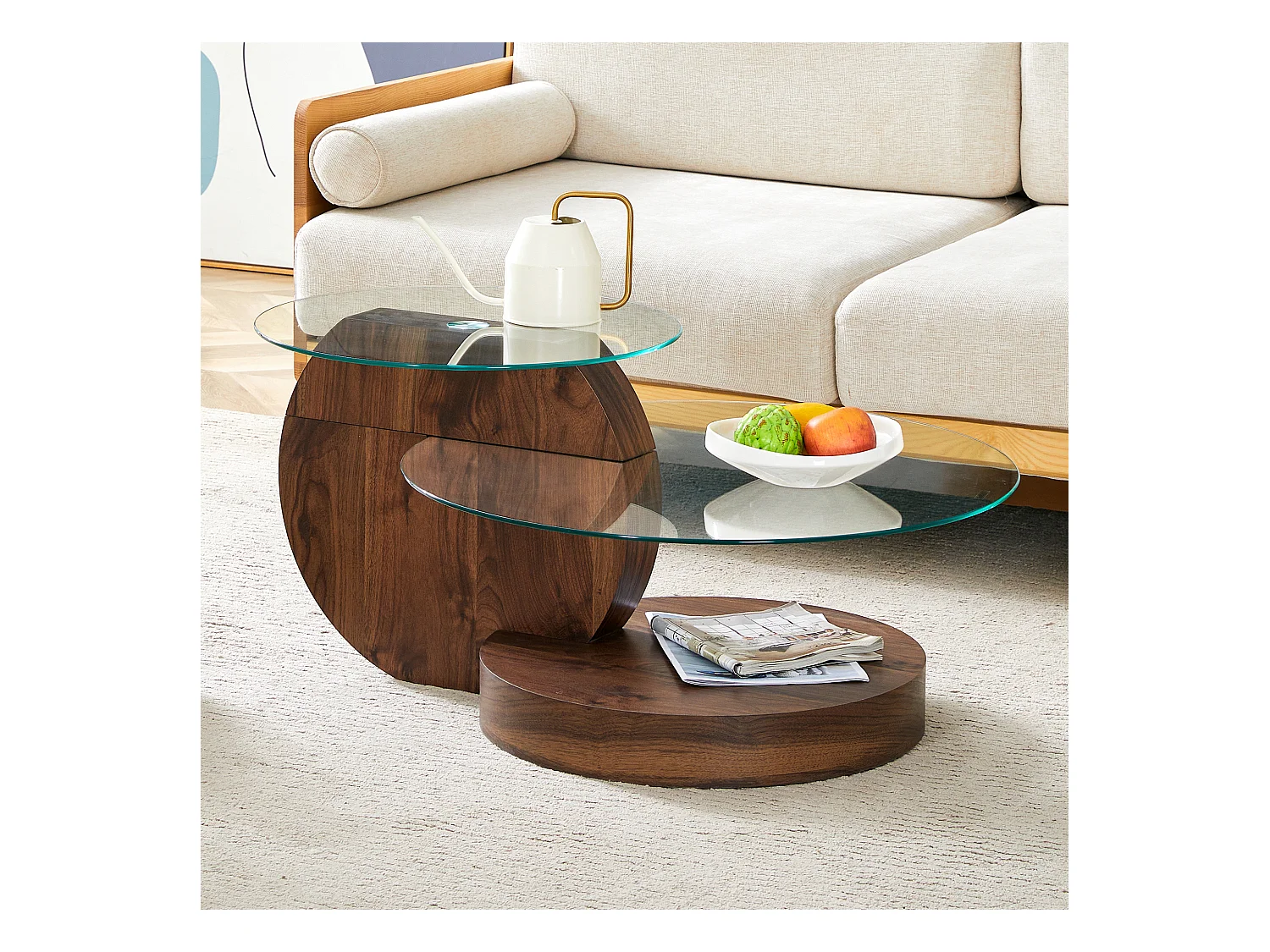 Moderne ronde salontafel - salontafel met glazen blad en meerlaags design - donker hout - voor de woonkamer