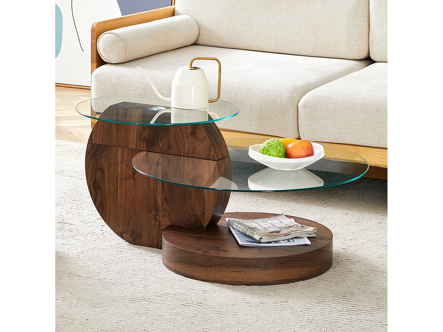 Table basse ronde moderne - Table basse avec plateau en verre et design multicouche - bois foncé - pour salon
