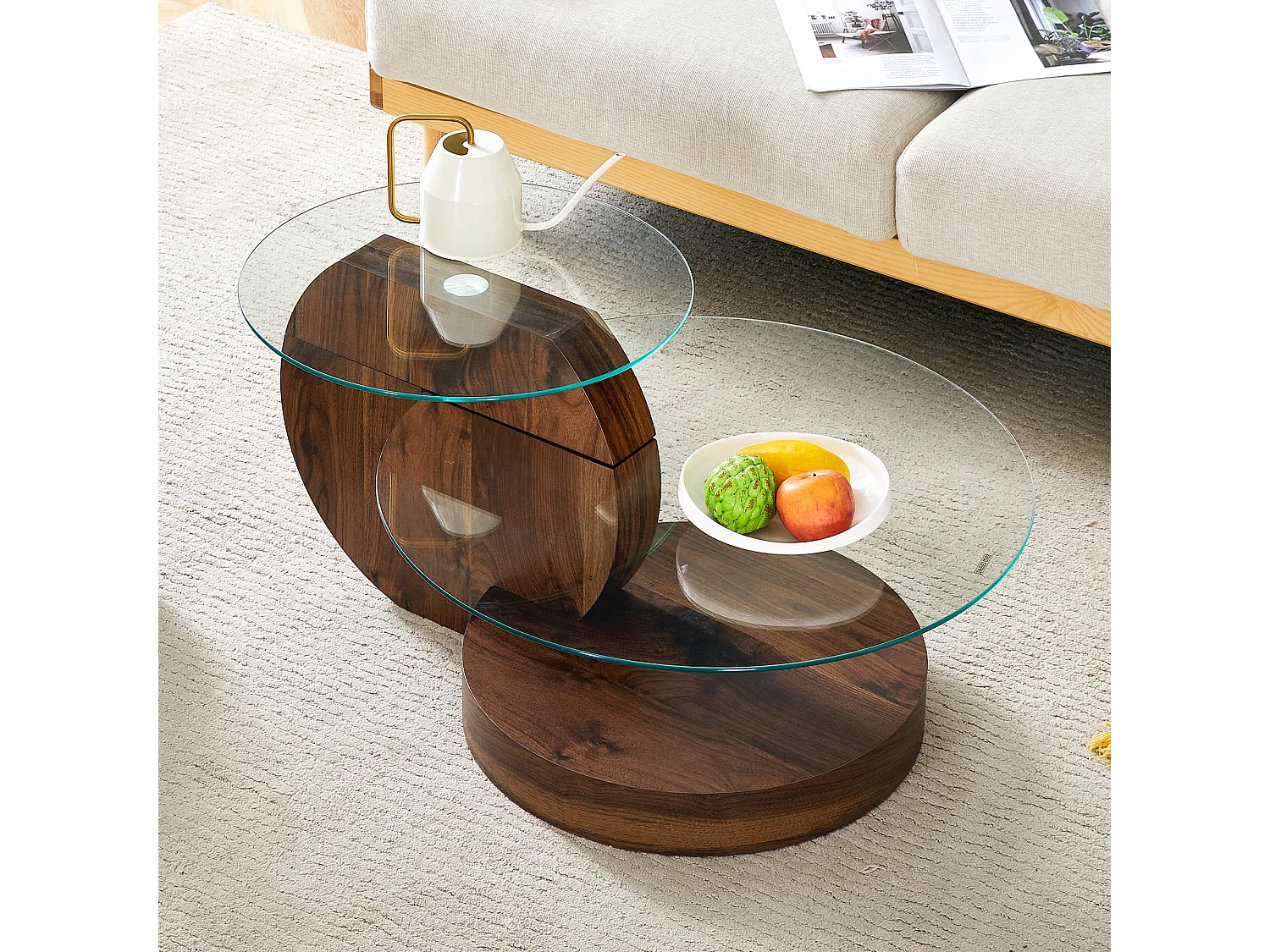 Table basse ronde moderne - Table basse avec plateau en verre et design multicouche - bois foncé - pour salon