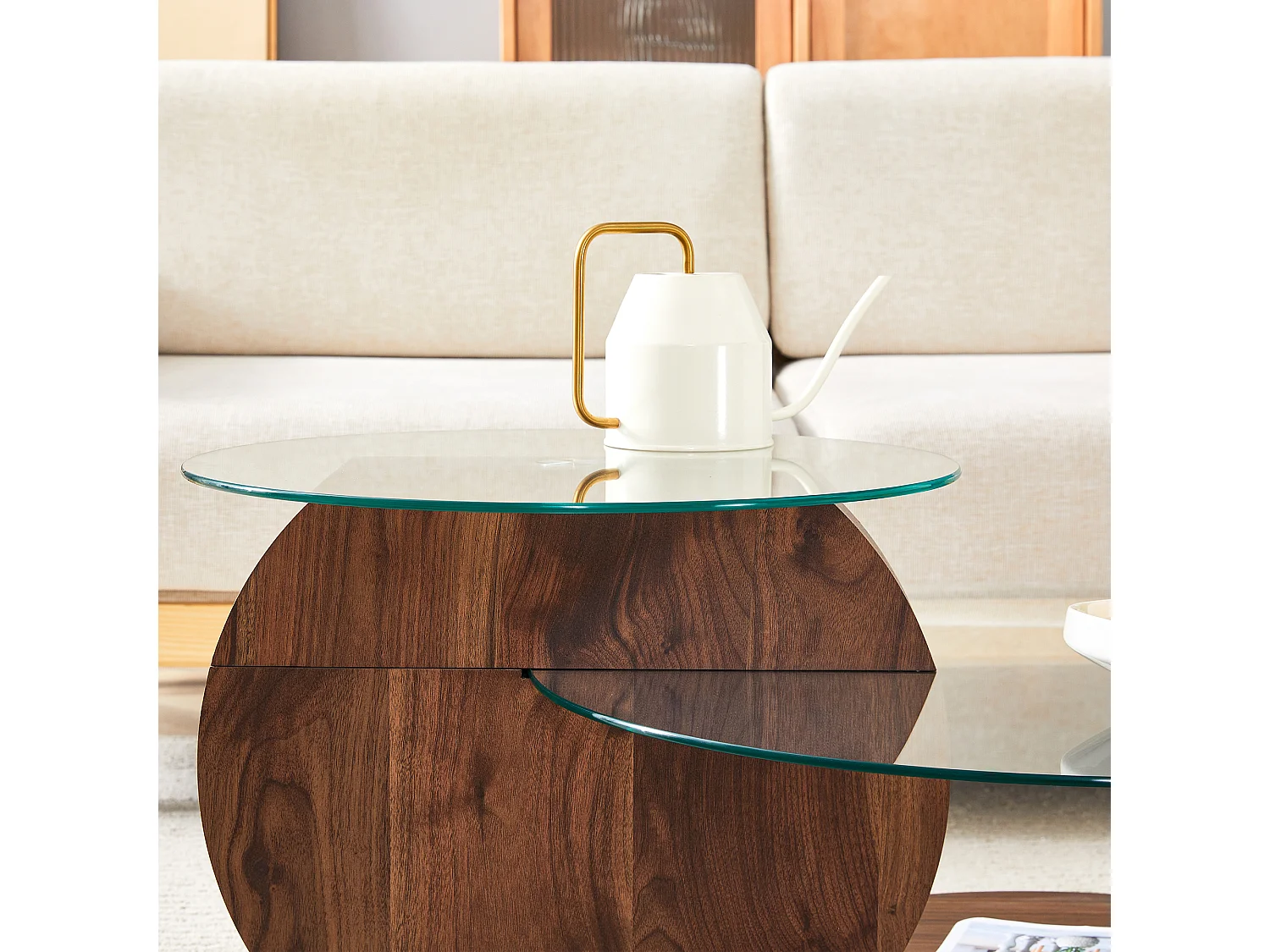 Table basse ronde moderne - Table basse avec plateau en verre et design multicouche - bois foncé - pour salon
