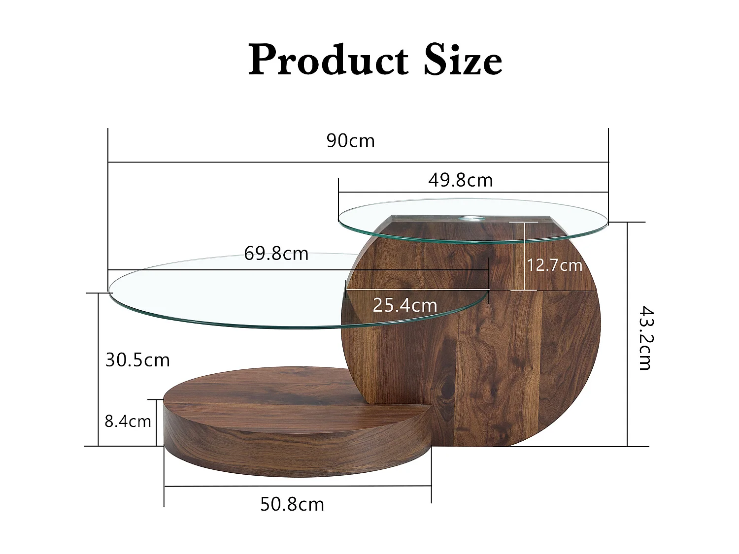 Table basse ronde moderne - Table basse avec plateau en verre et design multicouche - bois foncé - pour salon