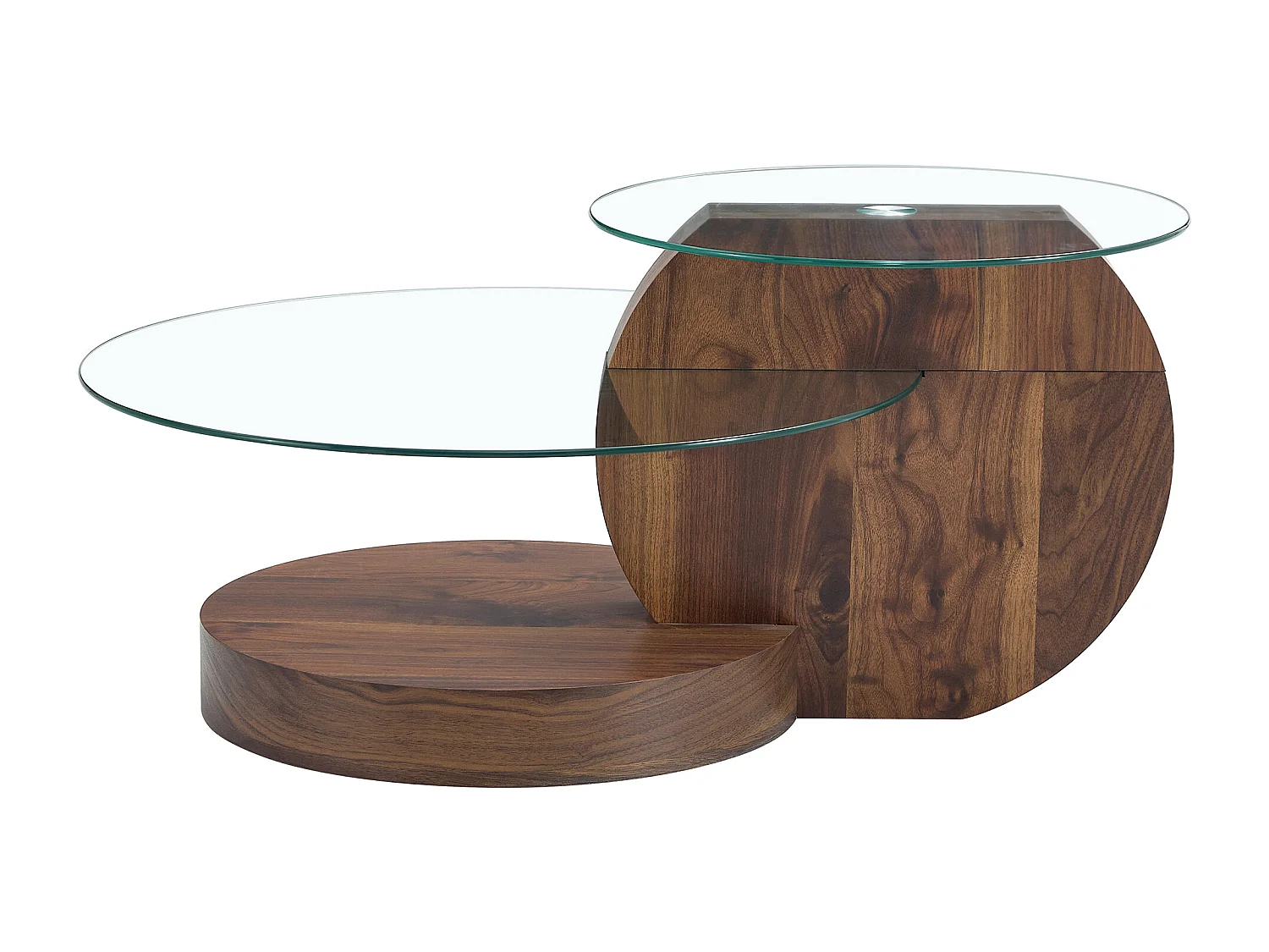 Table basse ronde moderne - Table basse avec plateau en verre et design multicouche - bois foncé - pour salon
