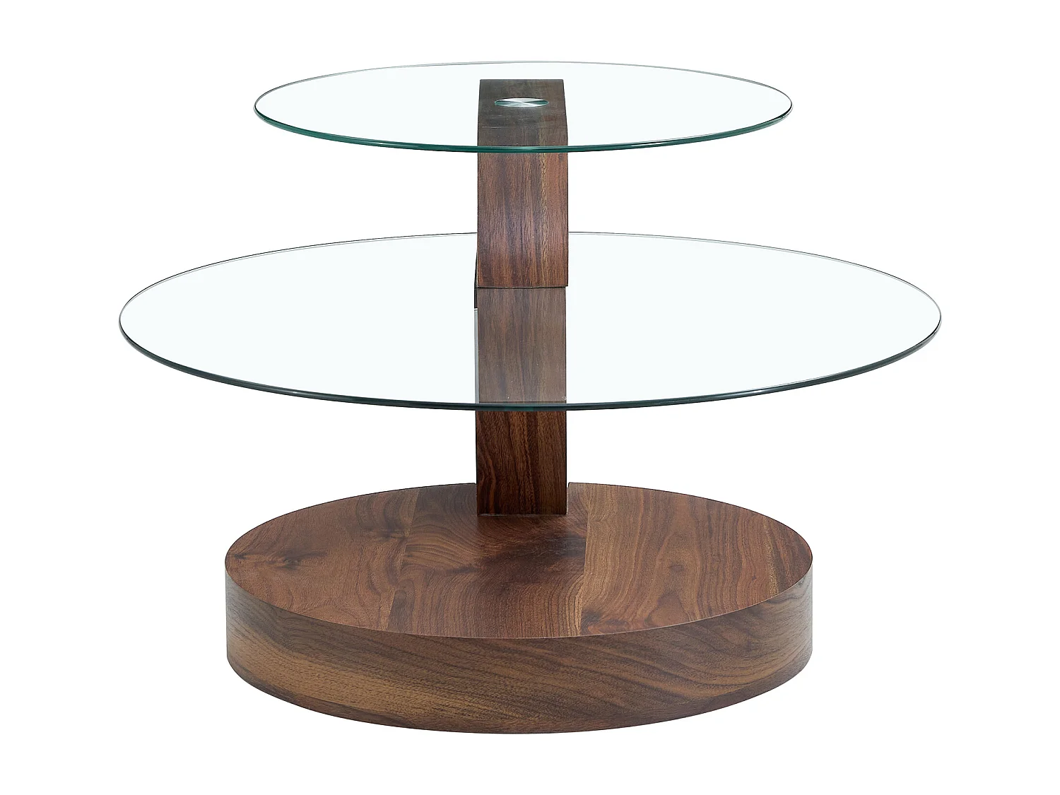 Table basse ronde moderne - Table basse avec plateau en verre et design multicouche - bois foncé - pour salon