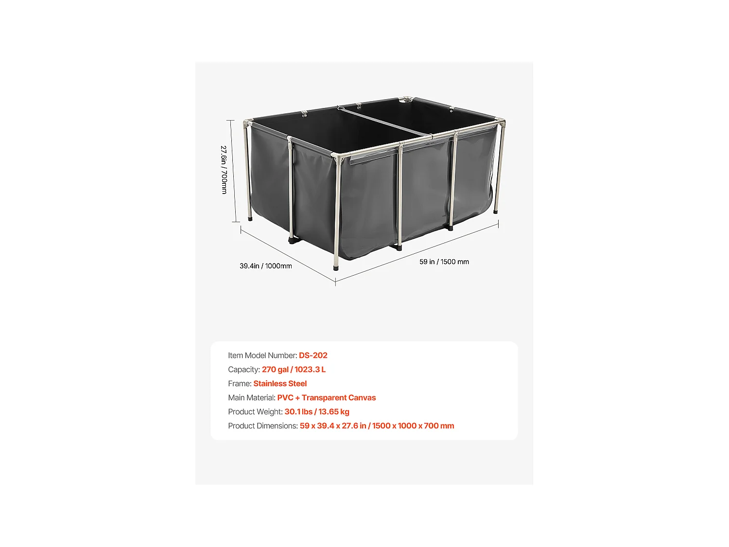 Zbiornik na Ryby SucceBuy z Płótna, Zbiornik na Wodę 1023,3 L, Zbiornik na Koi z PVC z Oknem Obserwacyjnym, Akwarium z Ramą ze Stali Nierdzewnej