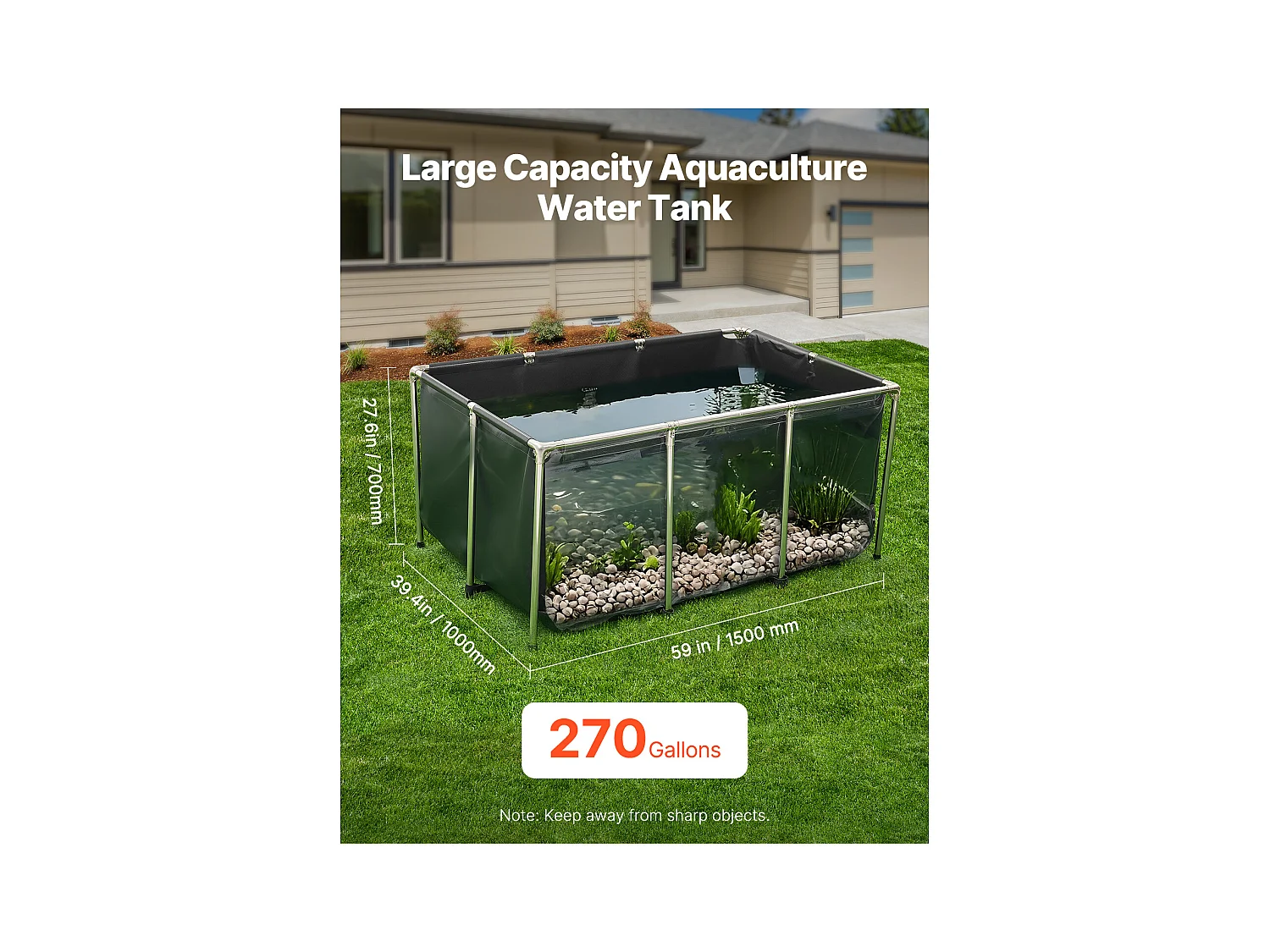 Zbiornik na Ryby SucceBuy z Płótna, Zbiornik na Wodę 1023,3 L, Zbiornik na Koi z PVC z Oknem Obserwacyjnym, Akwarium z Ramą ze Stali Nierdzewnej