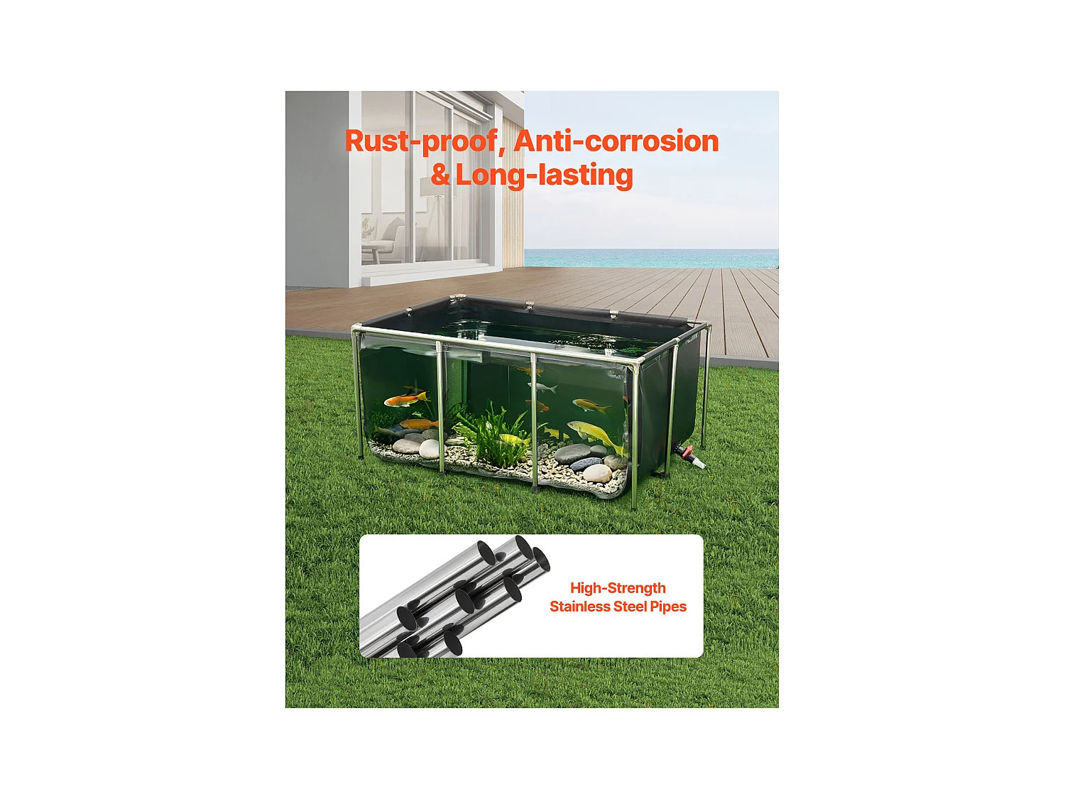 Zbiornik na Ryby SucceBuy z Płótna, Zbiornik na Wodę 1023,3 L, Zbiornik na Koi z PVC z Oknem Obserwacyjnym, Akwarium z Ramą ze Stali Nierdzewnej