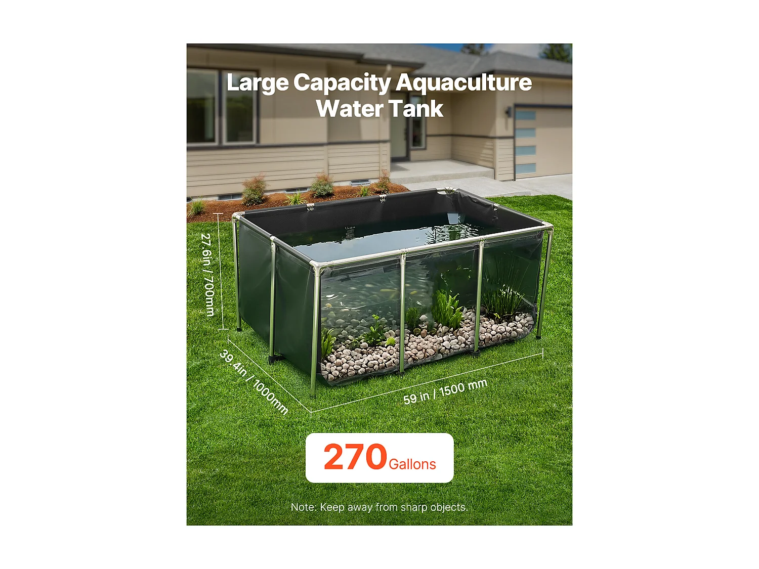 Tanque para Peixes SucceBuy em Lona, Reservatório de Água de 1023,3 L, Tanque para Koi em PVC com Janela de Observação, Aquário com Moldura de Aço Inoxidável