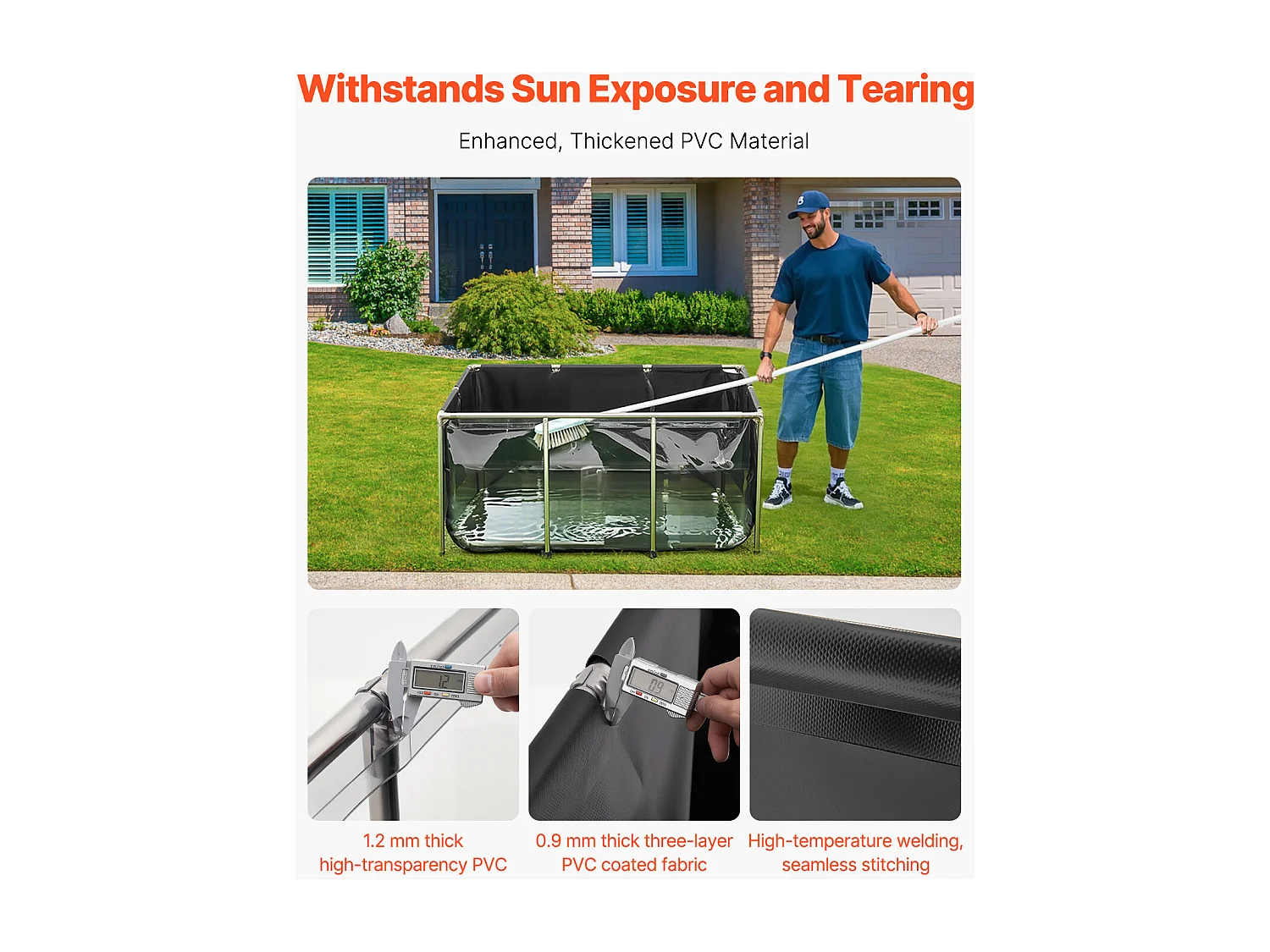 Tanque para Peixes SucceBuy em Lona, Reservatório de Água de 1023,3 L, Tanque para Koi em PVC com Janela de Observação, Aquário com Moldura de Aço Inoxidável