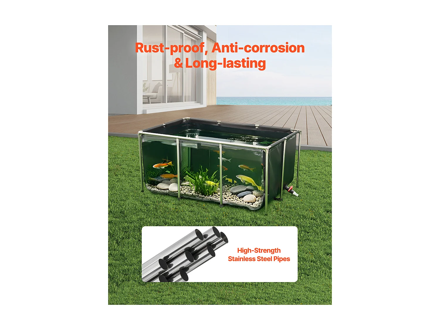 Tanque para Peixes SucceBuy em Lona, Reservatório de Água de 1023,3 L, Tanque para Koi em PVC com Janela de Observação, Aquário com Moldura de Aço Inoxidável