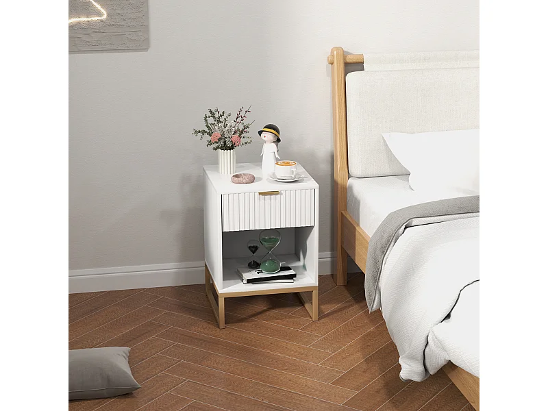Nachttisch mit 1 Schublade – Nachttisch mit offenem Stauraum – Weiß – für Schlafzimmer