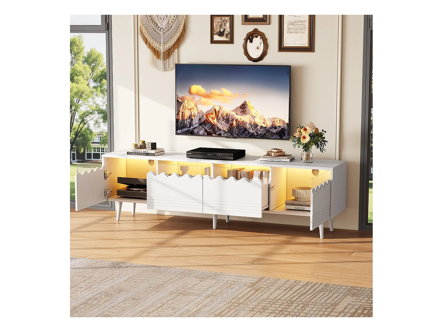 Meuble TV blanc à 6 pieds - Meuble TV avec 2 tiroirs et 2 portes - pour salon