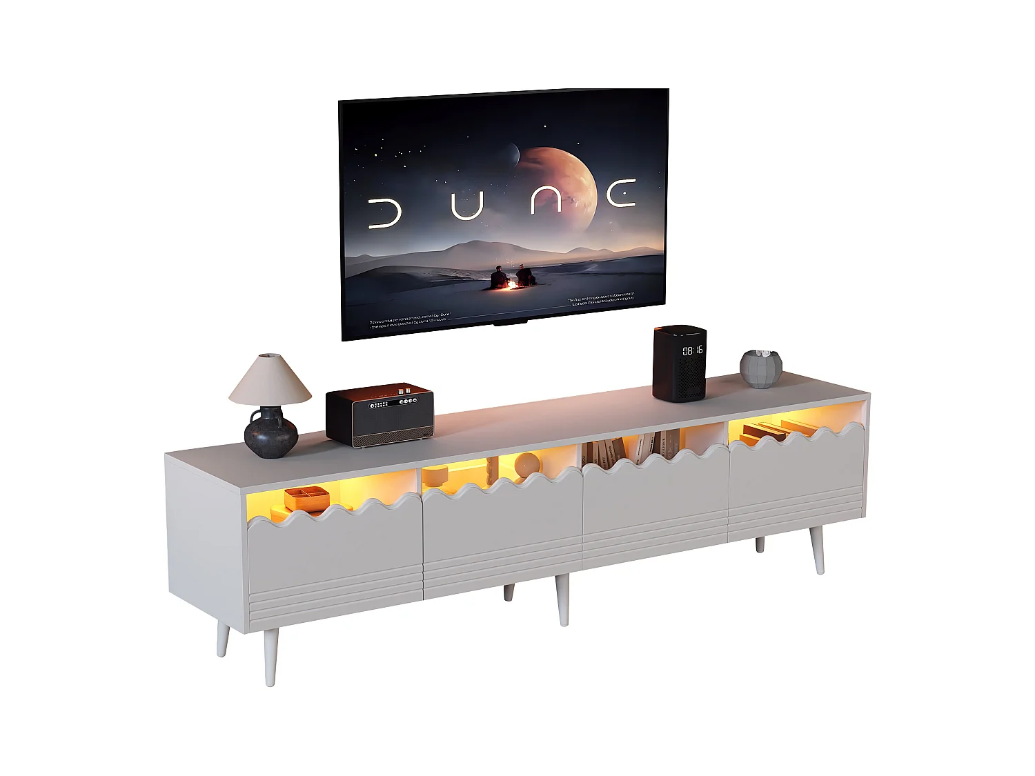 Meuble TV blanc à 6 pieds - Meuble TV avec 2 tiroirs et 2 portes - pour salon