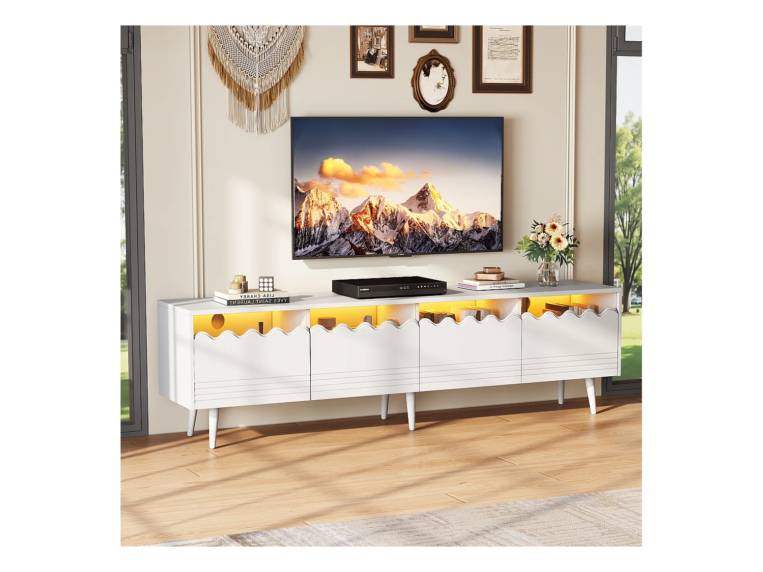 Meuble TV blanc à 6 pieds - Meuble TV avec 2 tiroirs et 2 portes - pour salon