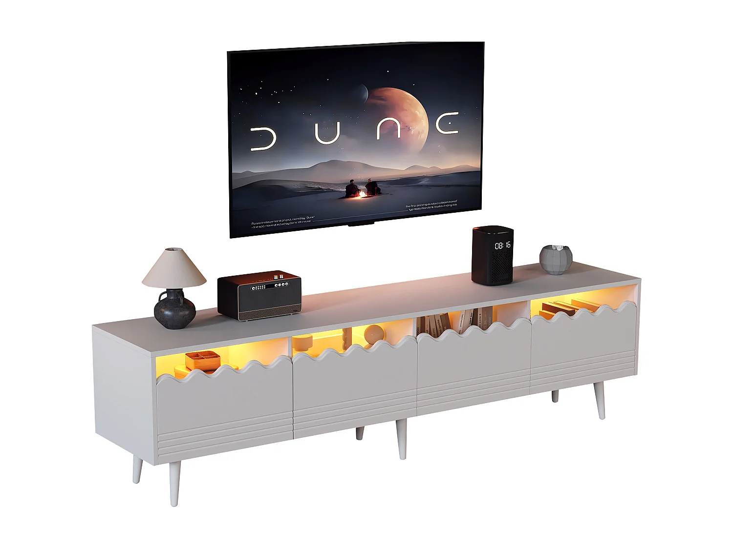 Meuble TV blanc à 6 pieds - Meuble TV avec 2 tiroirs et 2 portes - pour salon