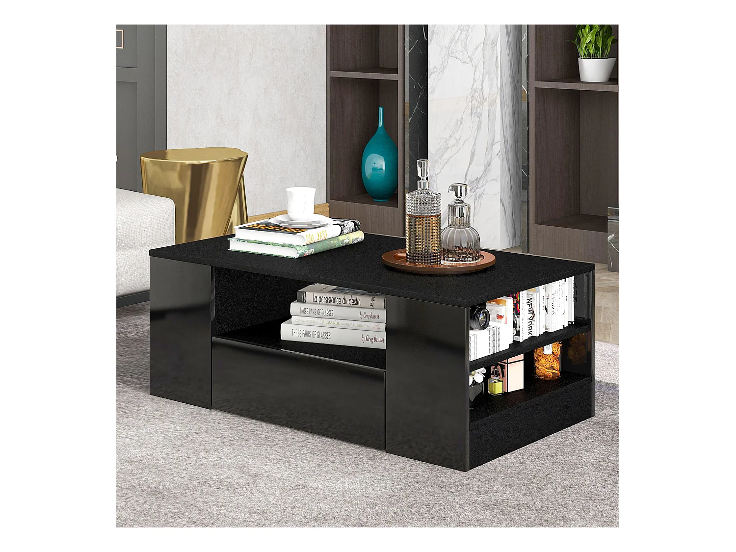 Table basse avec 2 tiroirs - Table basse brillante avec 2 étagères et lumières LED - noir - pour le salon