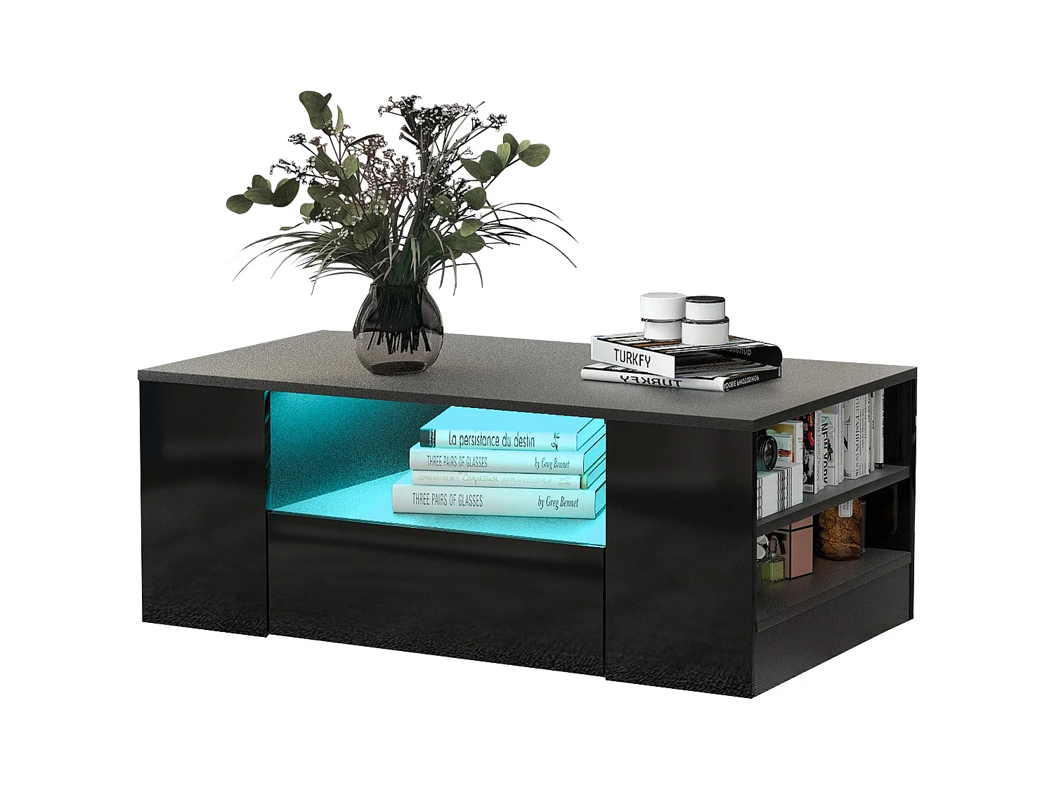 Table basse avec 2 tiroirs - Table basse brillante avec 2 étagères et lumières LED - noir - pour le salon