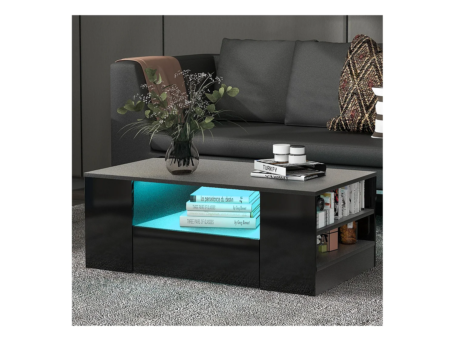 Table basse avec 2 tiroirs - Table basse brillante avec 2 étagères et lumières LED - noir - pour le salon