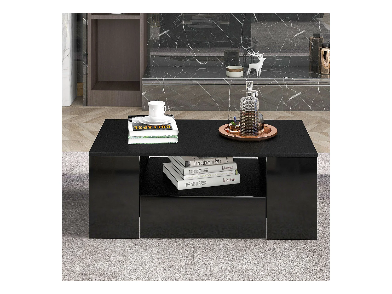 Table basse avec 2 tiroirs - Table basse brillante avec 2 étagères et lumières LED - noir - pour le salon