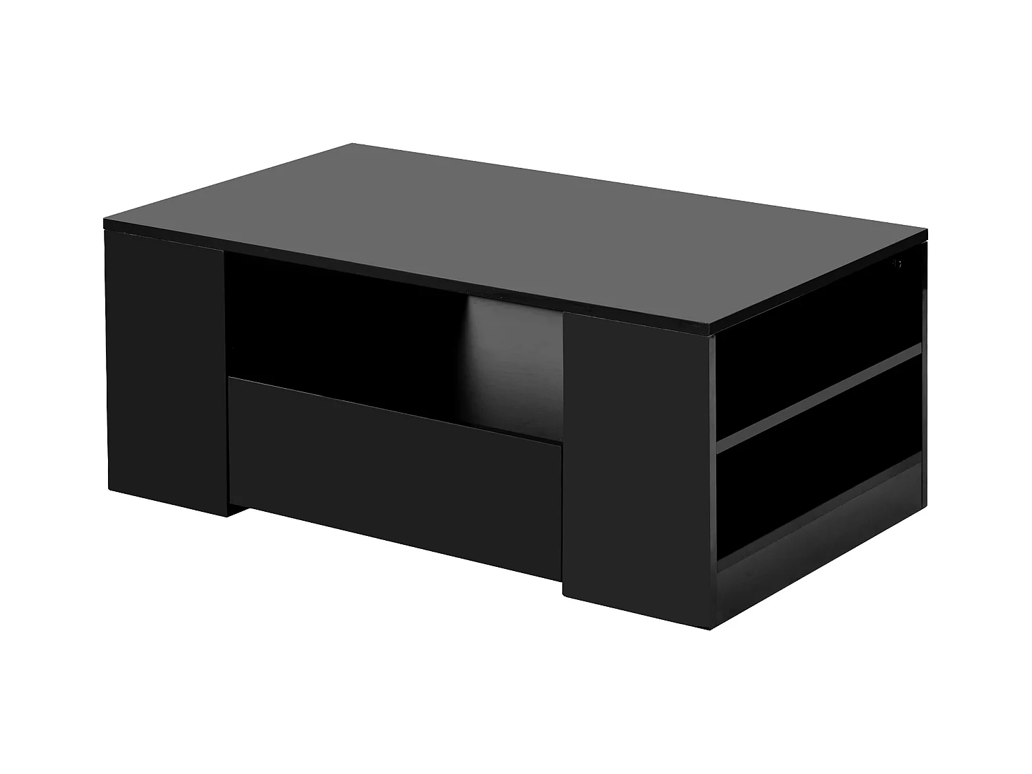 Table basse avec 2 tiroirs - Table basse brillante avec 2 étagères et lumières LED - noir - pour le salon