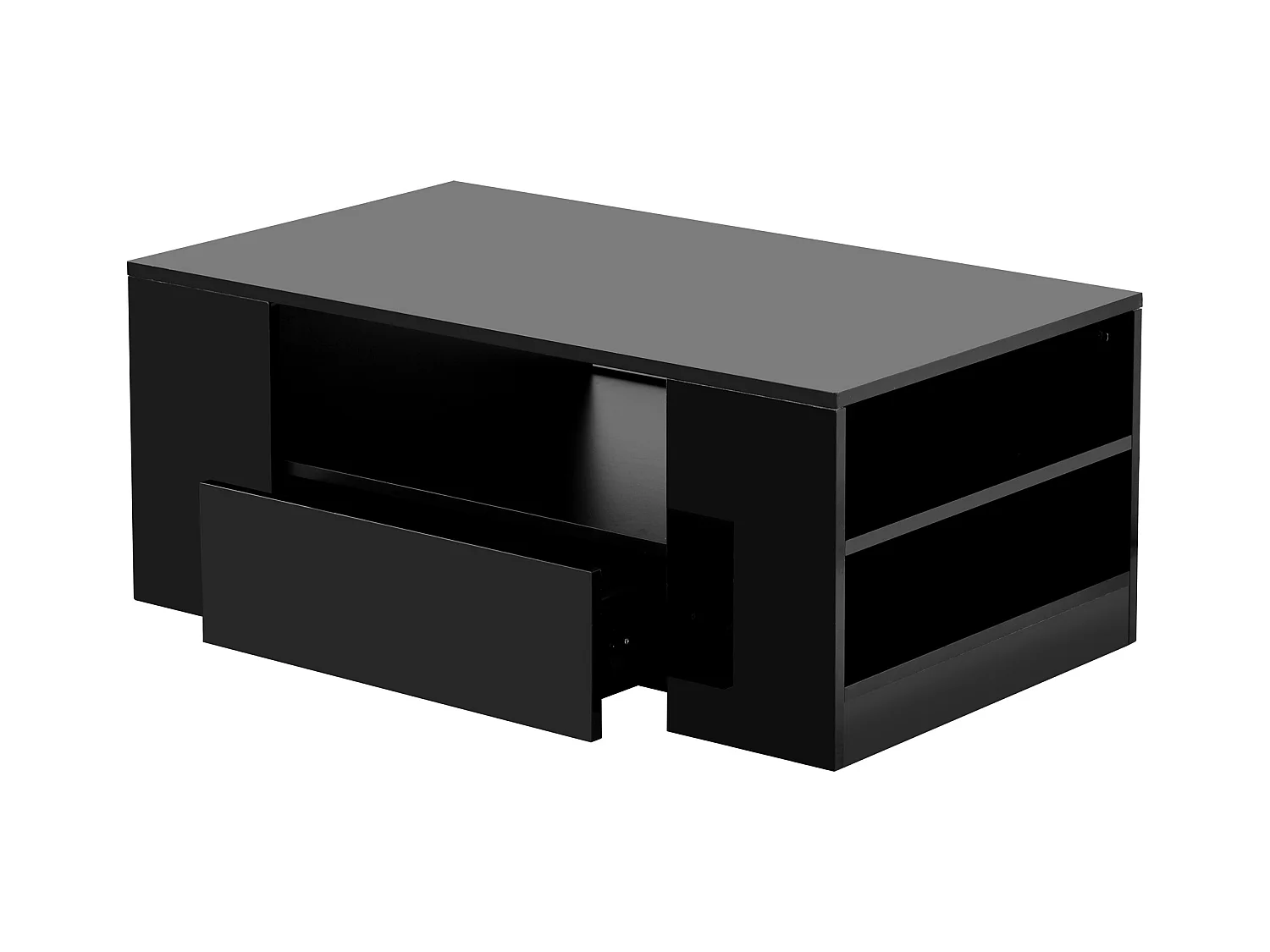Table basse avec 2 tiroirs - Table basse brillante avec 2 étagères et lumières LED - noir - pour le salon