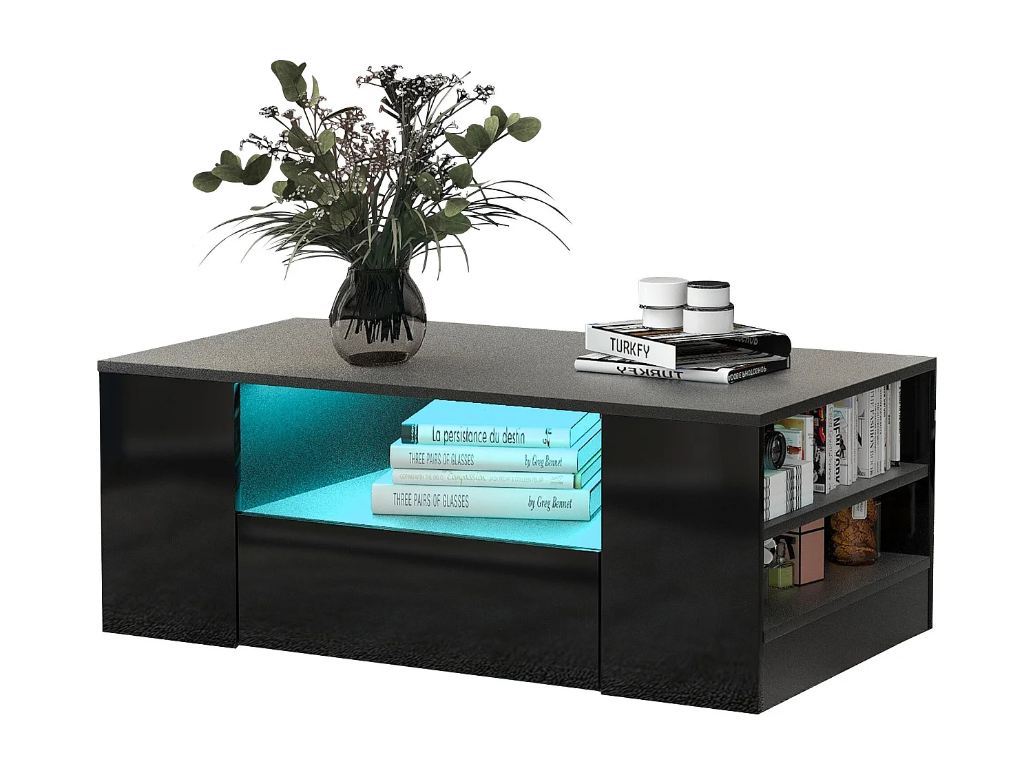 Table basse avec 2 tiroirs - Table basse brillante avec 2 étagères et lumières LED - noir - pour le salon