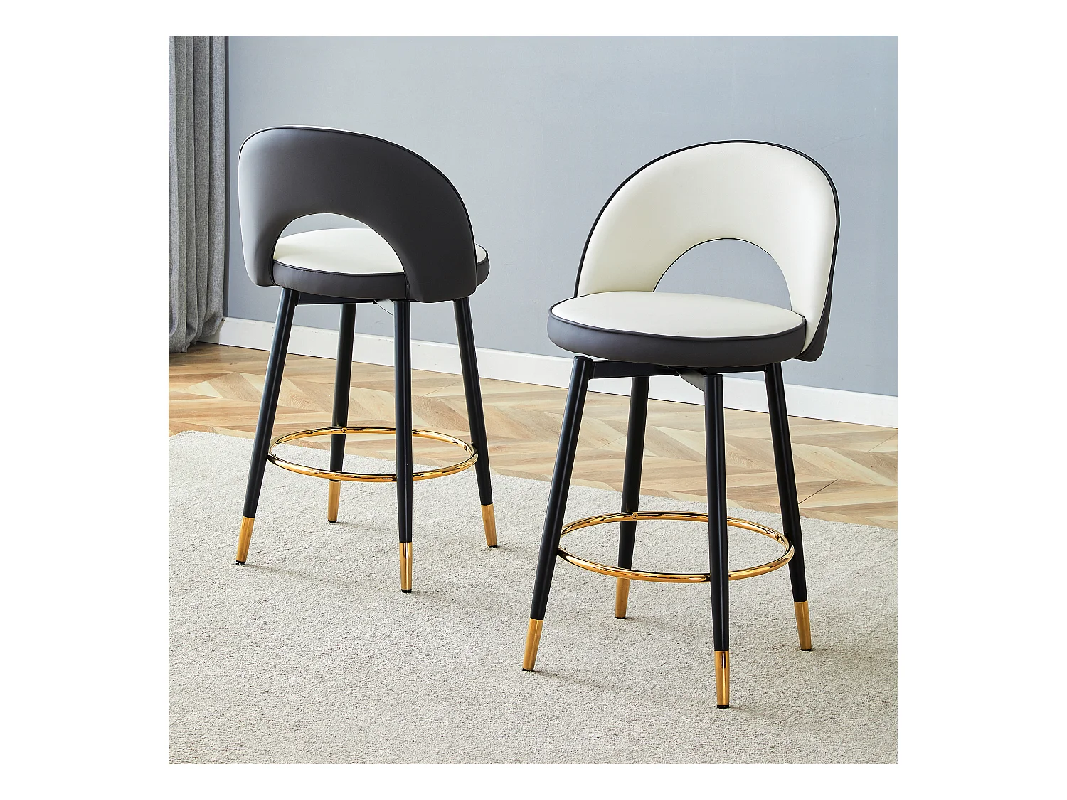 Lot de 2 tabourets de bar - Tabouret de bar pivotant avec dossier et repose-pieds en métal - blanc et gris PU - pour salles à manger et terrasses