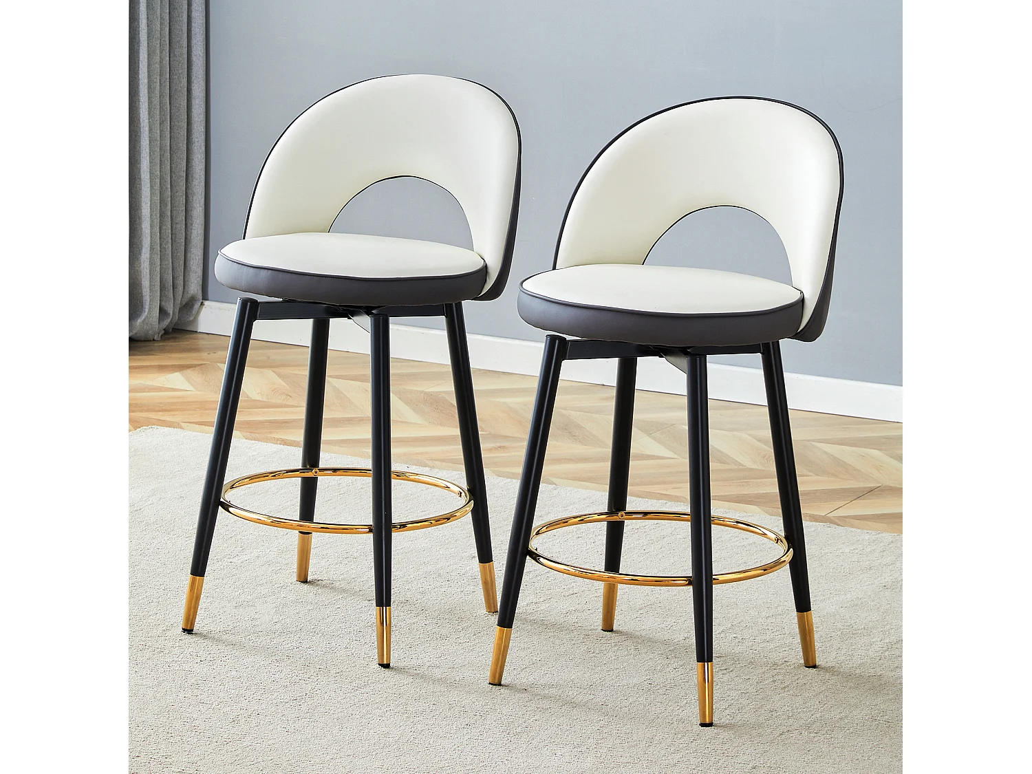 Lot de 2 tabourets de bar - Tabouret de bar pivotant avec dossier et repose-pieds en métal - blanc et gris PU - pour salles à manger et terrasses