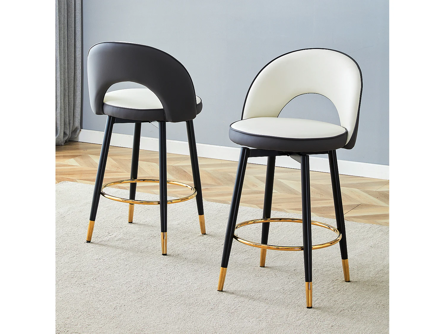 Lot de 2 tabourets de bar - Tabouret de bar pivotant avec dossier et repose-pieds en métal - blanc et gris PU - pour salles à manger et terrasses