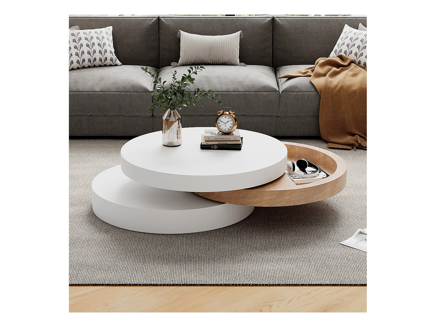 Ronde salontafel - drielaags salontafel met draaibaar blad - wit MDF - voor de woonkamer