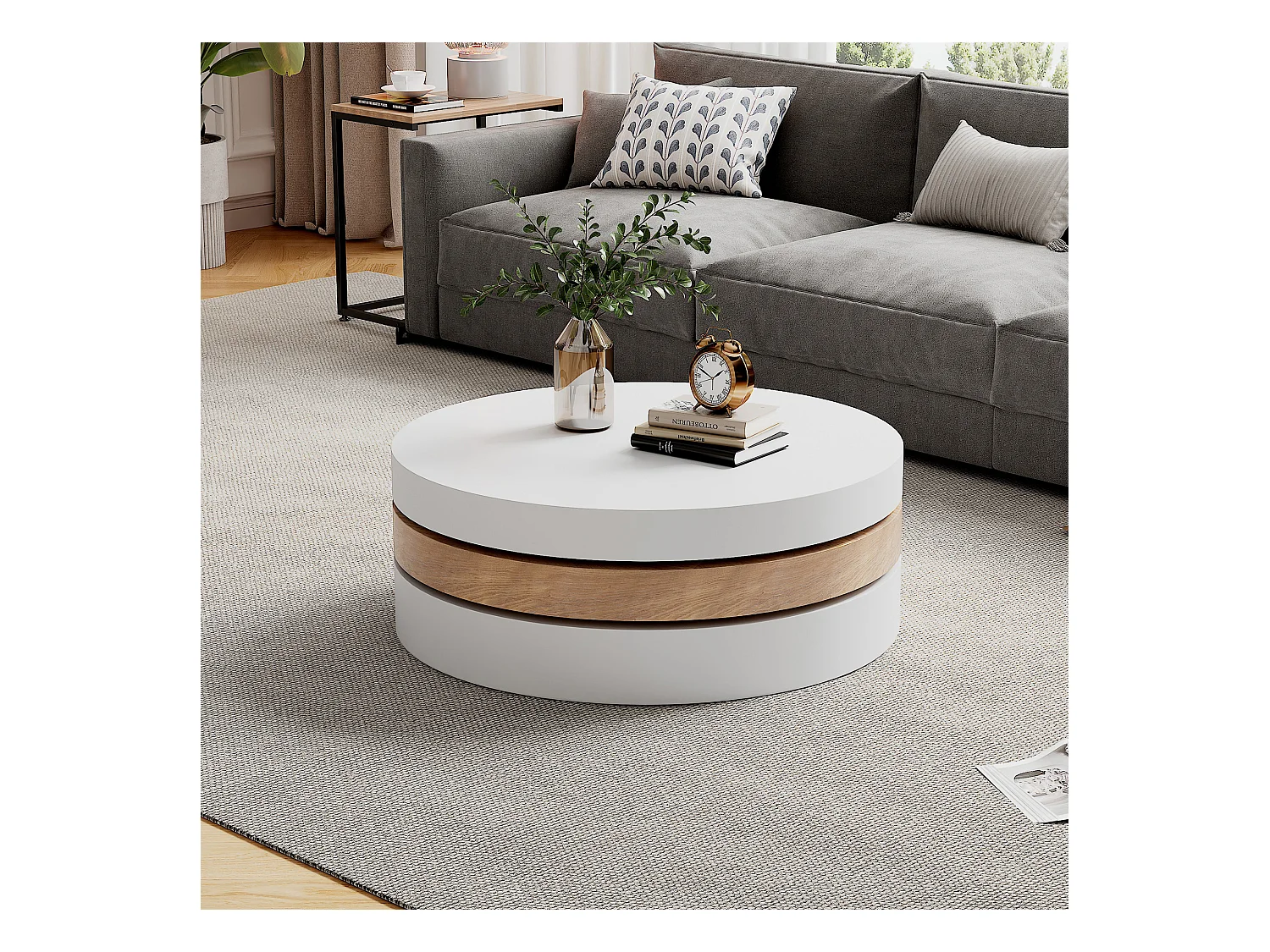Runder Couchtisch – Dreistufiger Couchtisch mit Drehplatte – Weißes MDF – für das Wohnzimmer