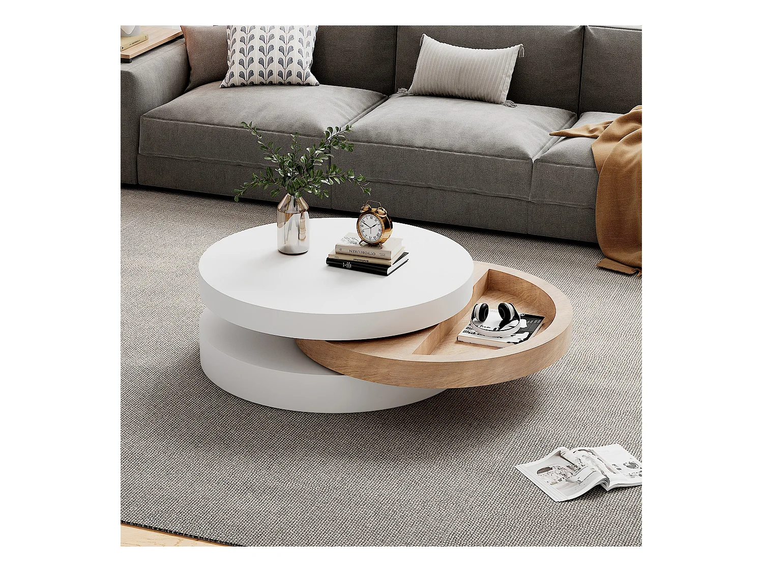 Runder Couchtisch – Dreistufiger Couchtisch mit Drehplatte – Weißes MDF – für das Wohnzimmer